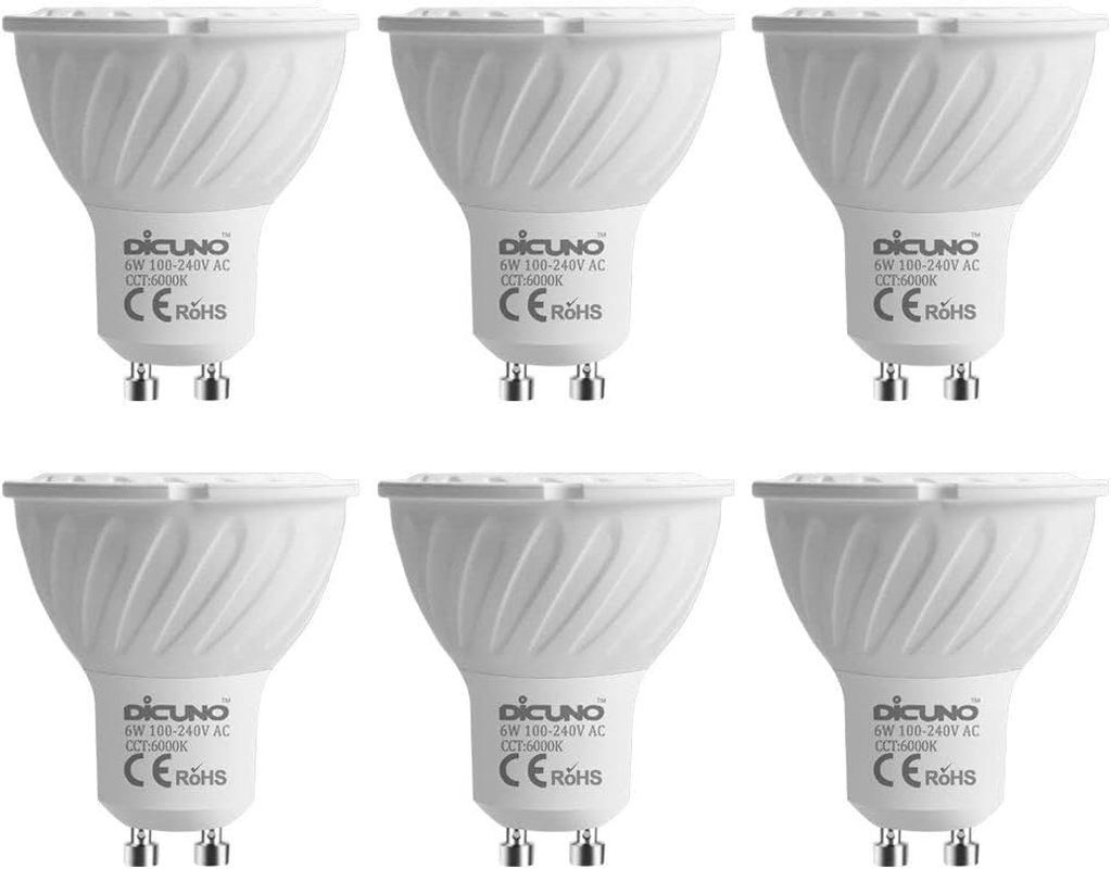 Dicuno GU10 LED Bulb, 6W 600LM, 60W Halogen Equivalent, Warm White 3000K, MR16 Spotlight Bulbs, AC100-240V, Non-Dimmable, Energy Saving, 6-Pack