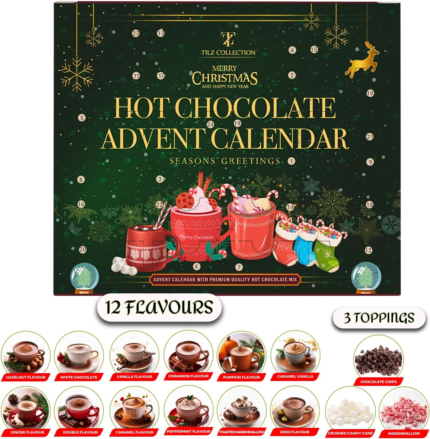 2023 Advent Calendar: 24-Day Set with Hot Chocolate Selection, Marshmallows, Candy Canes, Chocolate Drops - 12 Flavors image number 2
