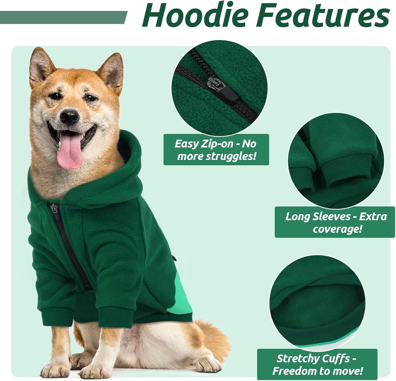 Lelepet Dog Hoodie for Small Dogs, Winter Dog Sweatshirt with Adjustable Hood, Warm Coat for Dogs, Pet Clothing Sweaters with Zipper Pocket, Soft Cold Winter All Weather Pet Clothes, Green 3XL image number 3