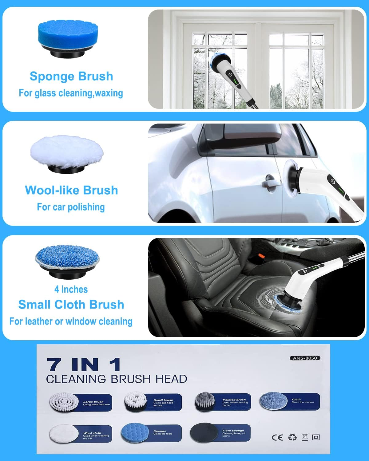 Leebein ANS-8050 & ANS-8051 Electric Spin Scrubber Replacement Brush Heads, 7Pcs Extra Brush Accessories Kit for Leebein ANS-8050 & ANS-8051 Cordless Cleaning Brush Only - Scrubber Not Included image number 1