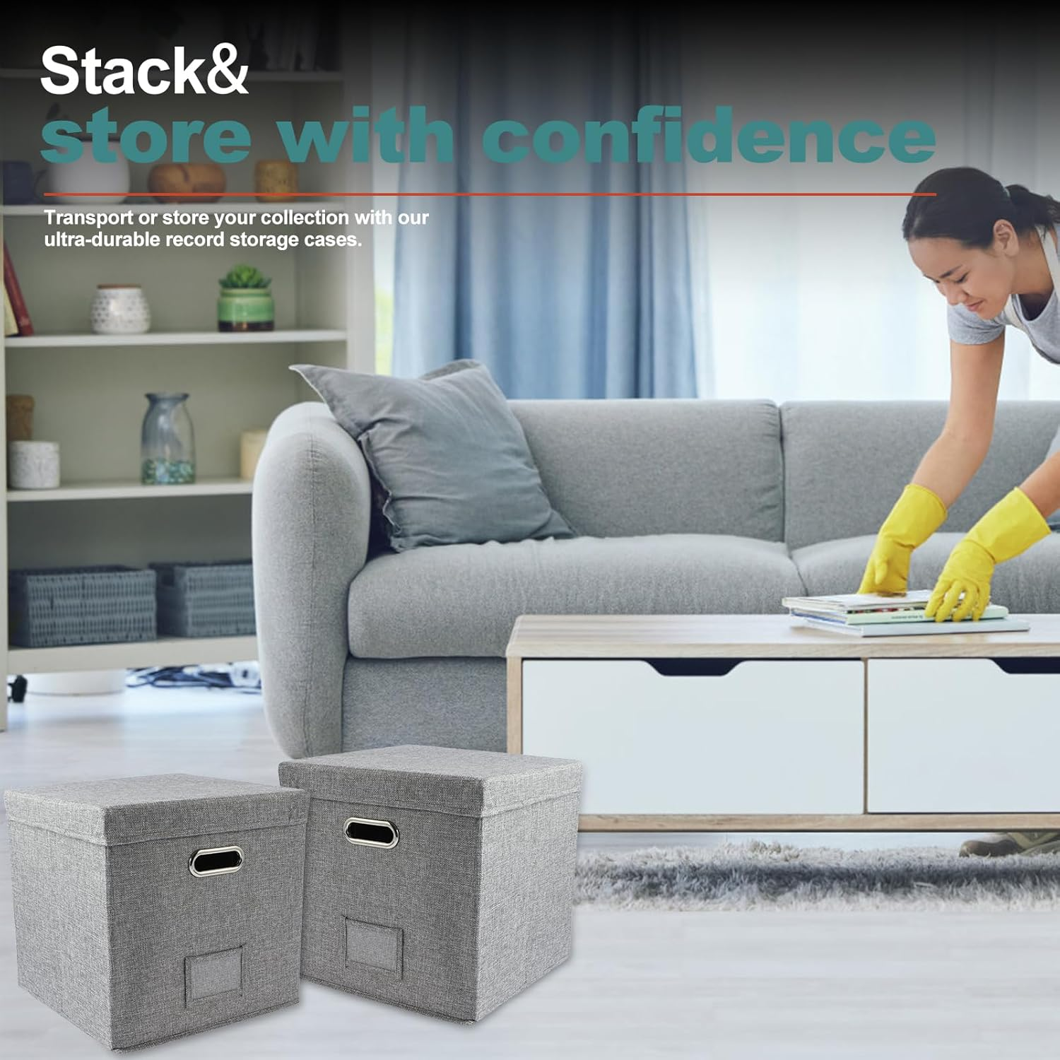 Vinyl Record Storage Box with Lid Stackable Album Storage Organizer Can Hold 50 Albums Record Storage Album Display for Photo Album Storage Birthday New Year Anniversary 33&times;33&times;33Cm image number 4