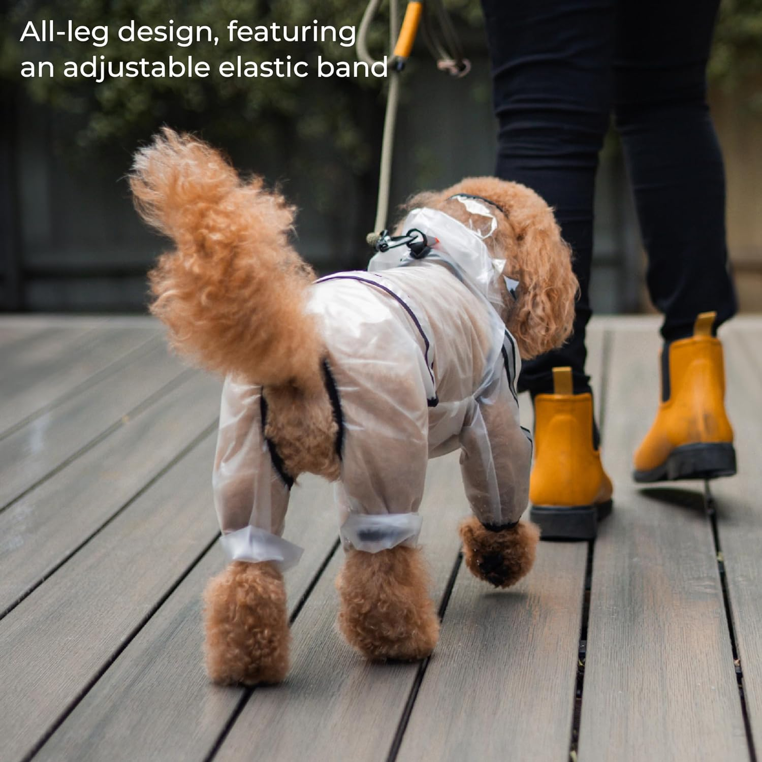 Dog Raincoat Poncho with Hood, Rain Jacket, Waterproof, Windproof, Transparent with Reflective Strip and Leash Hole, Full Body Four Legs Cover (Transparent, L) image number 6