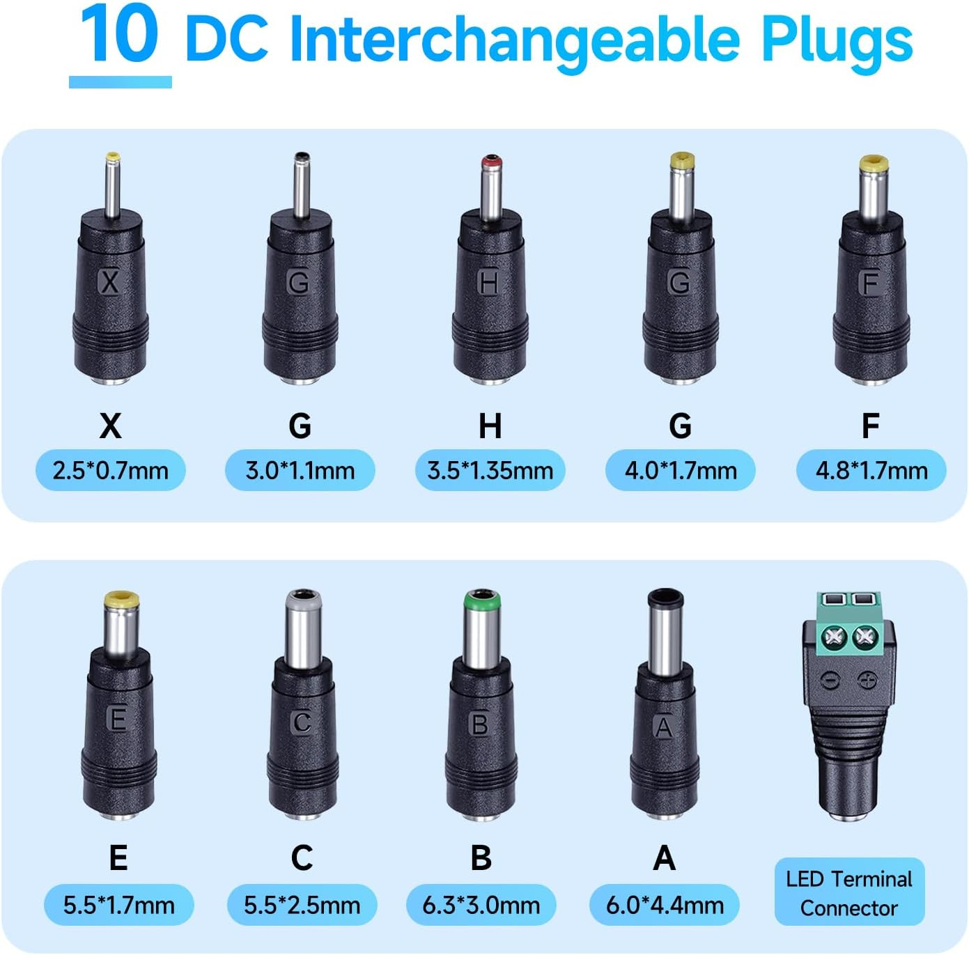 10PCS DC Power Adapter Connector Kit with 5.5 X 2.1Mm Female Base (2.5X0.7Mm/3.0X1.1Mm/3.5X1.35Mm/4.0X1.7Mm/4.8X1.7Mm/5.5X1.7Mm/5.5X2.5Mm/6.3X3.0Mm/6.0X4.4Mm/Led Terminal Connector) image number 1
