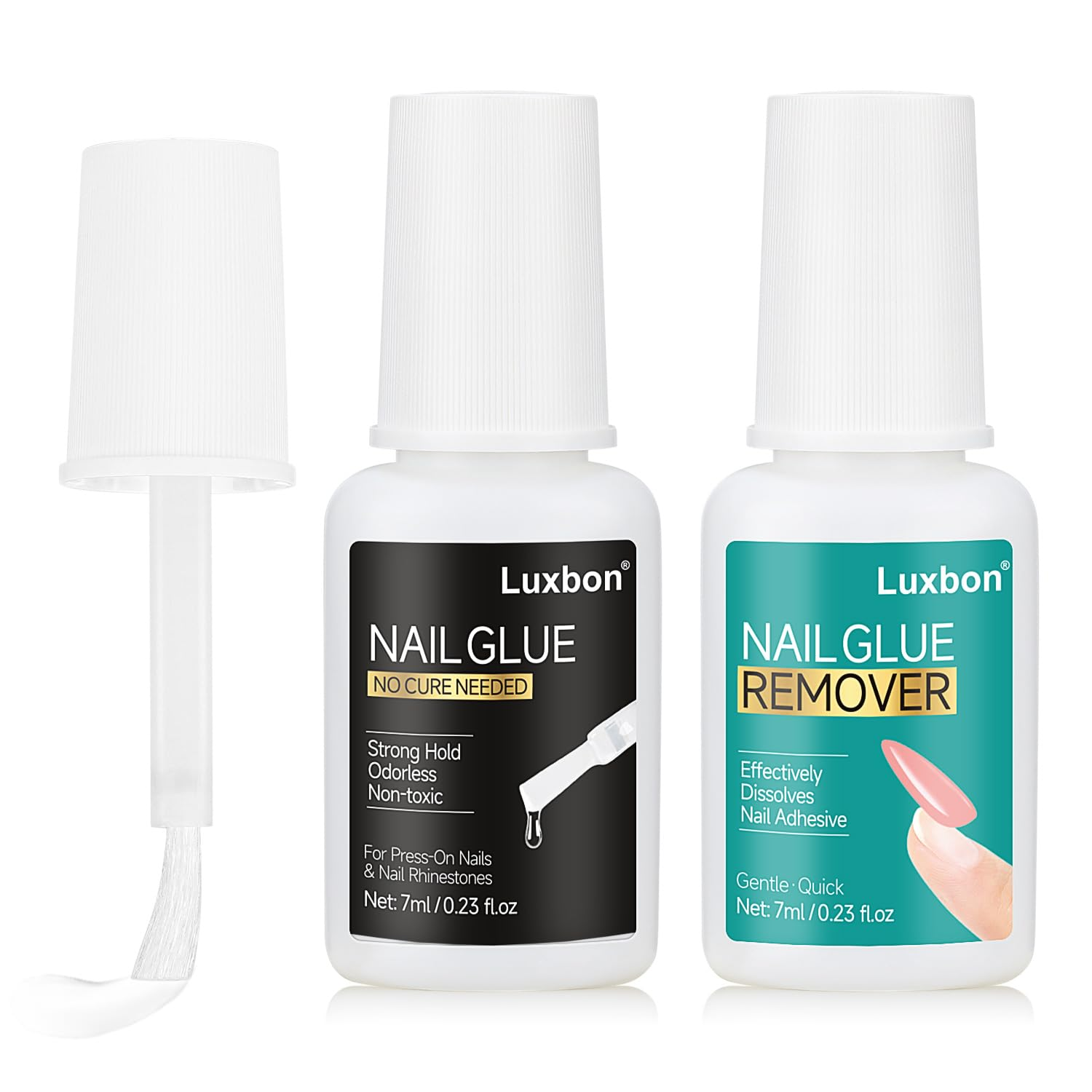 Luxbon Nail Glue and Glue Remover Set 2 X 7Ml &ndash; Medical-Grade Press on Nails Fasle Nail Tips Adhesive &ndash; No UV Needed, Odorless, Non-Toxic, Strong Hold for Fake Nails