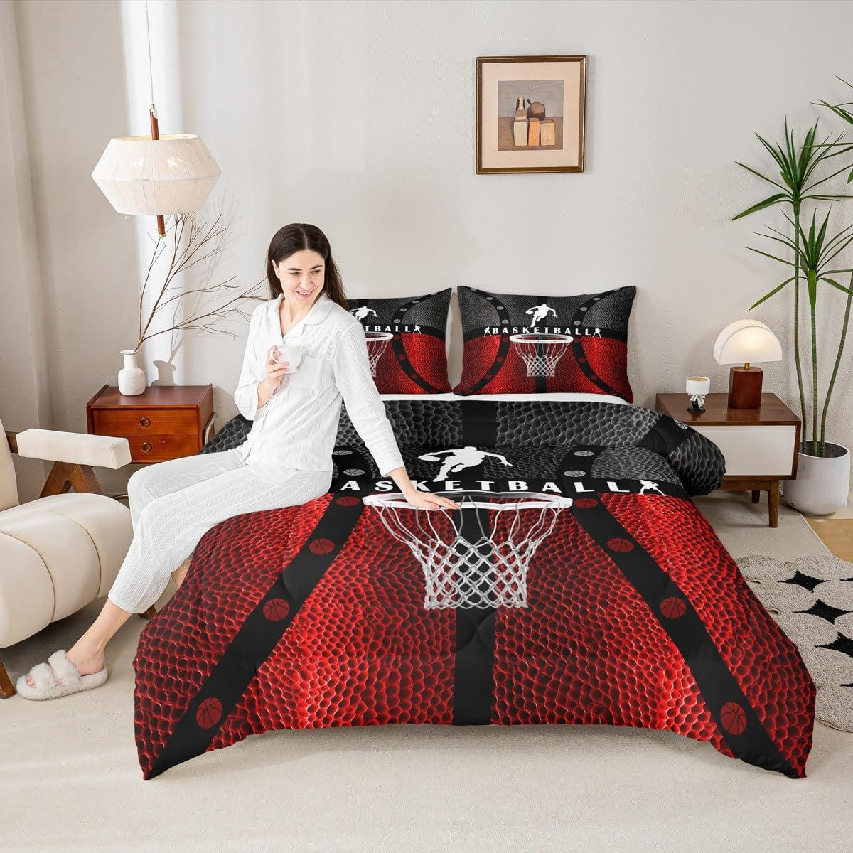 Homewish Basketball Comforter Set King Size Black Basketball Print Bedding Set 3Pcs for Kids Boys Girls Teens Adults Gamer Bedroom Decor,Ball Gaming Sports Theme Duvet Insert with 2 Pillowcases