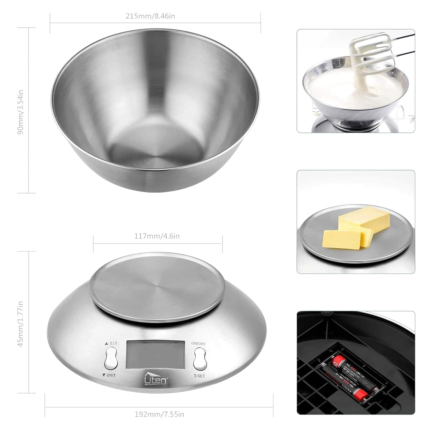 Uten Kitchen Scales Digital Scales with Bowl, 5 Kg, Stainless Steel, Tare Function, LCD Display, Bowl and Timer, Baking & Cooking image number 1