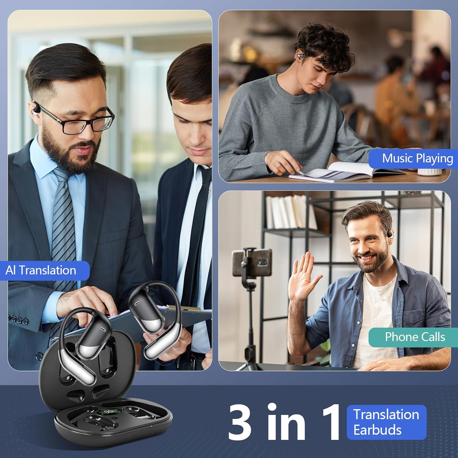 AI Translation Earbuds Real Time, 3-In-1 Translator Earbuds 144 Languages & Accents, Audifonos Traductores Ingl&eacute;s Espa&ntilde;ol,Open Ear Wireless Headphones with Charging Case Fit Ios & Android image number 6