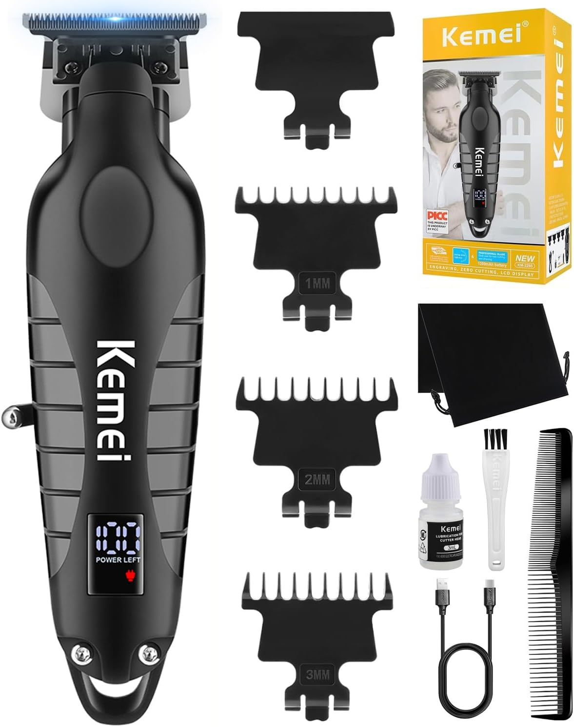 KEMEI Trimmer Professional Cordless Hair Clipper for Men Electric Beard Trimmers Barber Hair Cuttings Kit, Zero Gapped T Blade Trimmers with LCD Display, KM-2293, Black image number 2