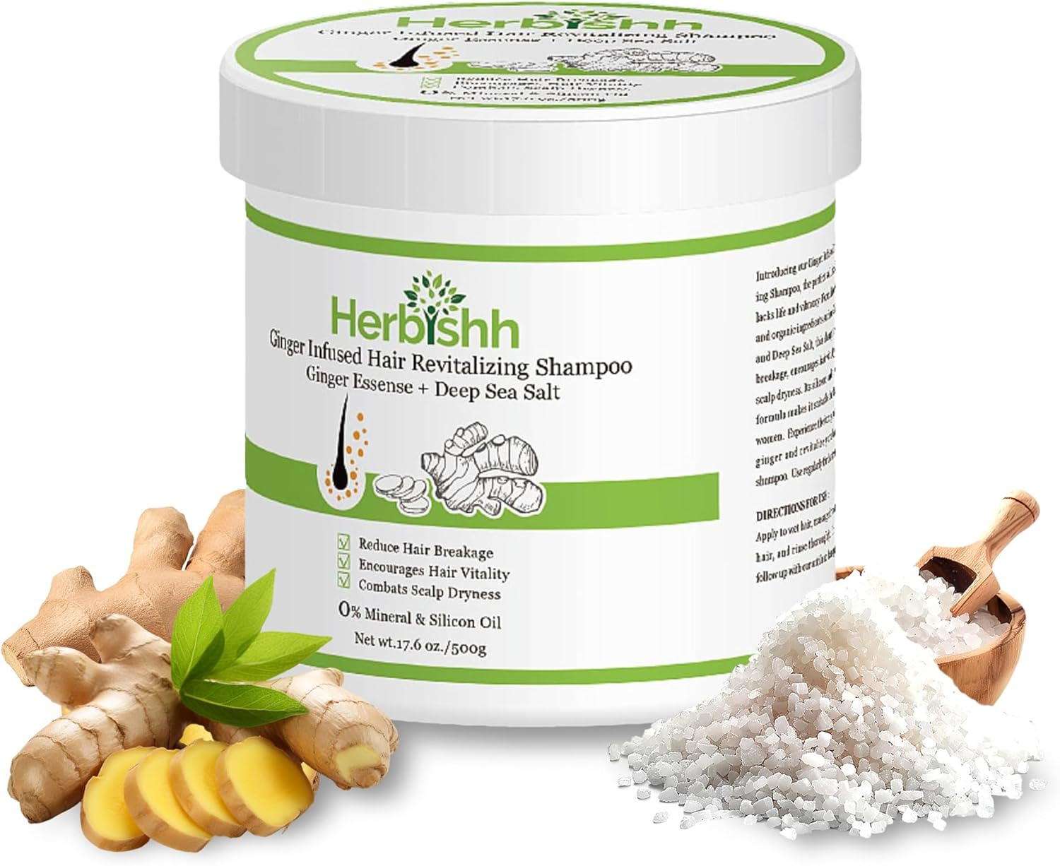 Herbishh Ginger Hair Revitalizing Shampoo Jar with Deep Sea Salt &ndash; anti Dandruff Shampoo for Weak, Brittle Hair & Dry Scalp &ndash; Boosts Hair Growth & Free from Mineral & Silicon Oil, 500 G/17.6 Oz image number 3
