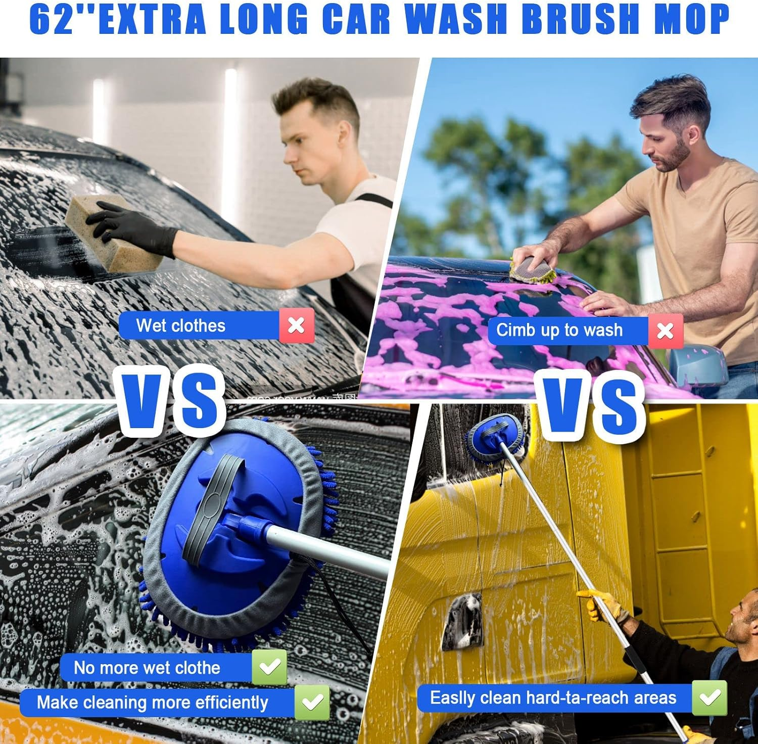 21Pcs Car Wash Kit,62" Car Wash Brush Mop with Long Handle,Car Cleaning Kit,Car Detailing Brush Set,Car Wash Bucket with Dirt Trap,Windshield Window Squeegee for Cars RV Truck Boat image number 3
