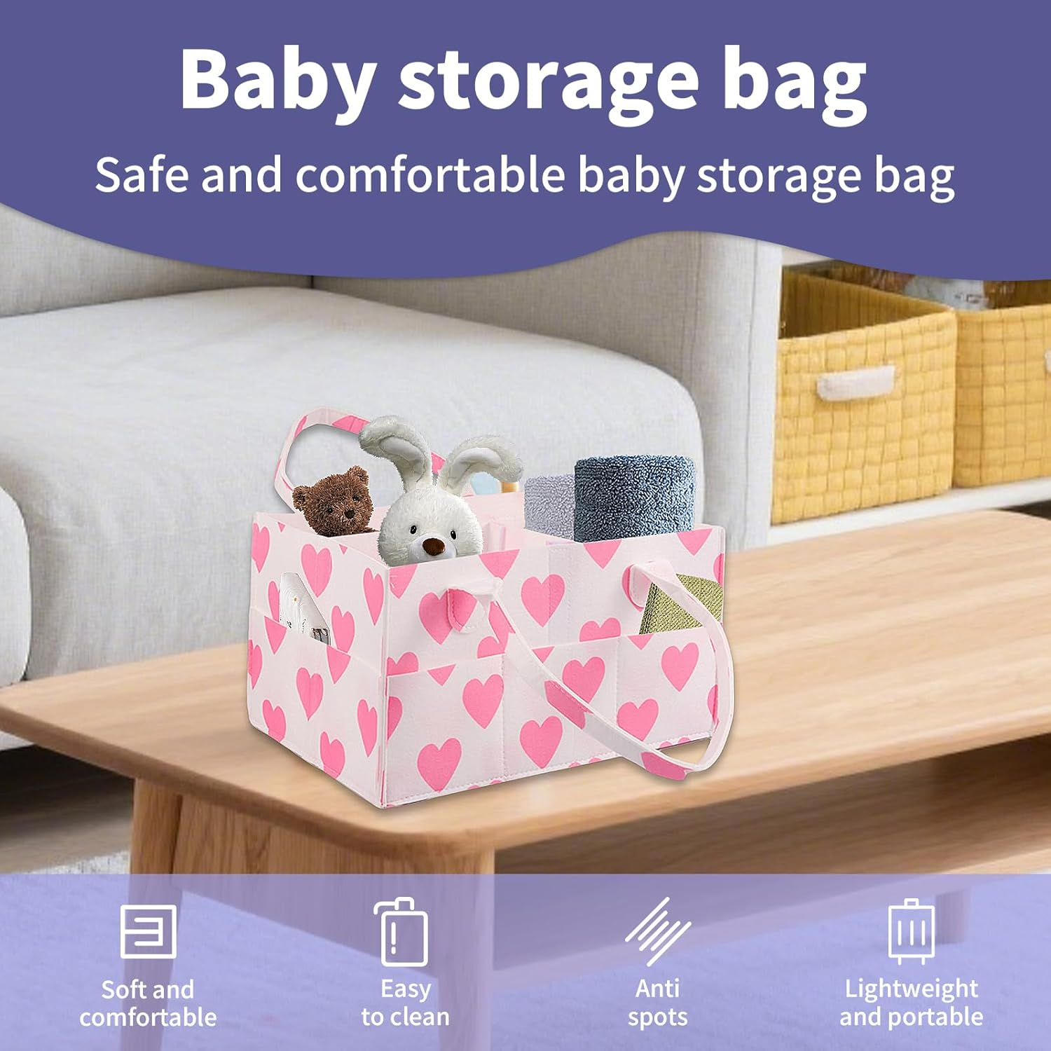 Baby Diaper Caddy Organizerm, Multiple Compartment Baby Caddy Organizer for Diaper Wipe Feeding Bottle Toy 33&times;23&times;18Cm (Pink) - Yellow image number 6