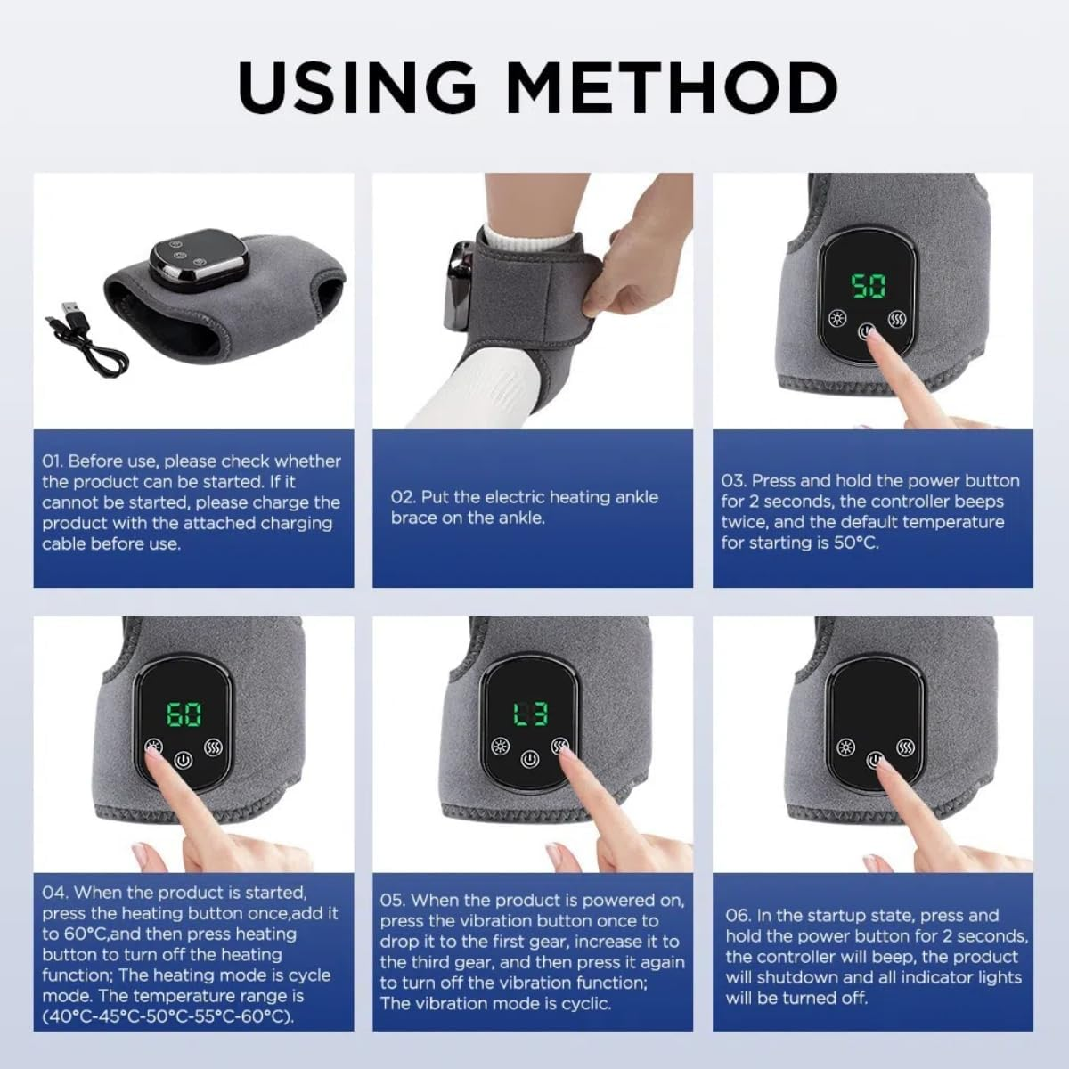 Electric Ankle Heating Brace, USB Powered, 3 Heat Settings, Auto Shut Off image number 2