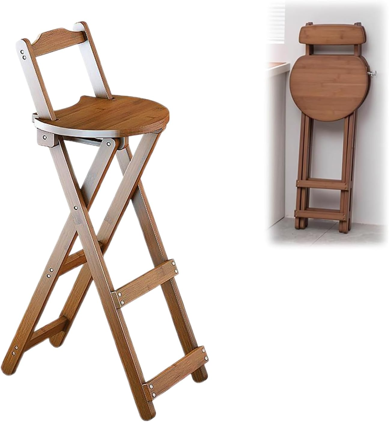 Uandhome Bamboo Folding Bar Stool,Kitchen Counter Stools with Backrest and Footrest,Portable Bar Chairs for Home Kitchen Island Breakfast,No Assembly (Wood)