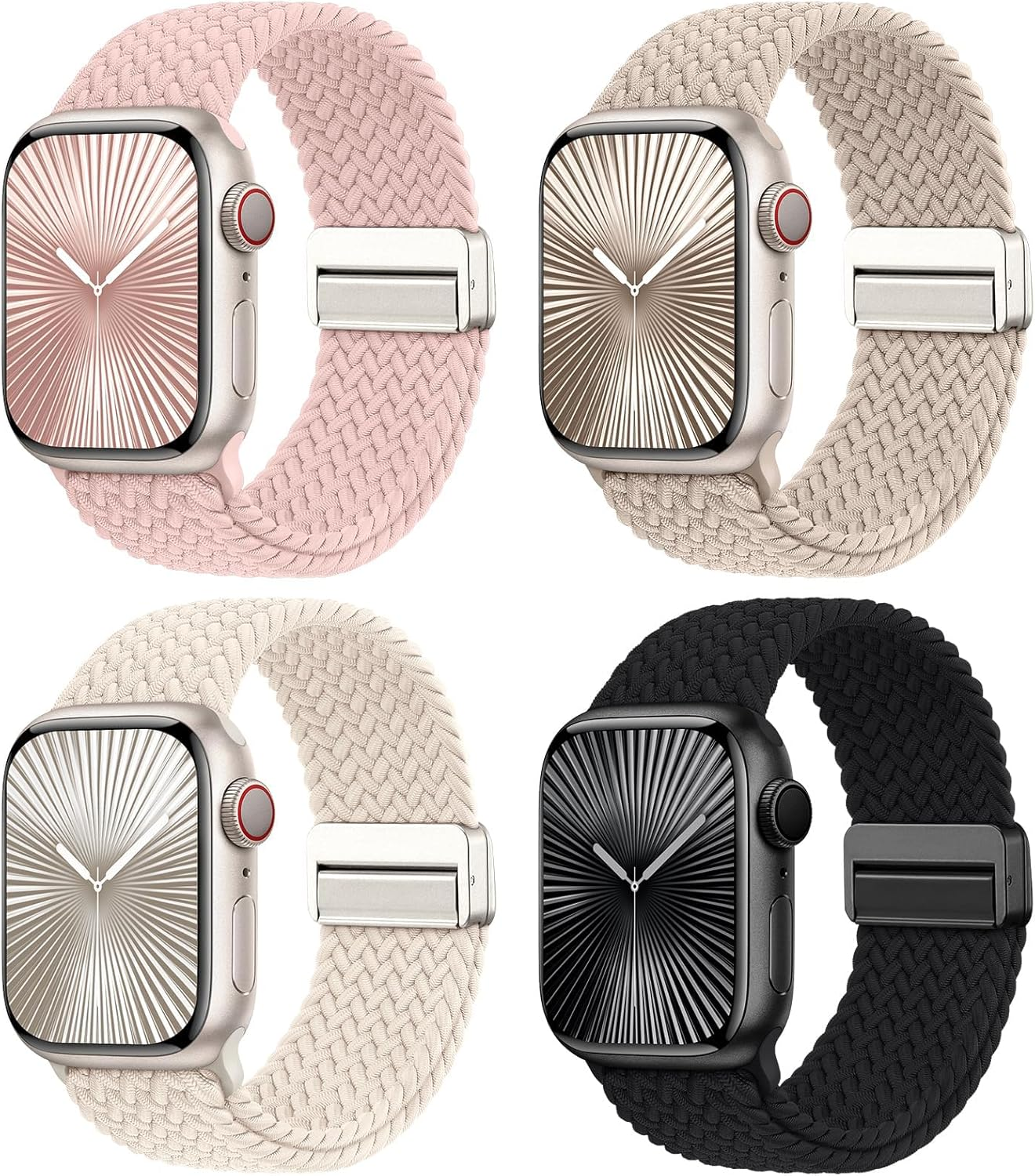 4 Pack Braided Stretchy Band with Magnetic Clasp Compatible with Apple Watch Bands 38Mm 40Mm 41Mm 42Mm 44Mm 45Mm 46Mm 49Mm Women Men,Elastic Nylon Sport Solo Loop for Iwatch Series 10 9 8 7 6 5 4 3 Ultra SE