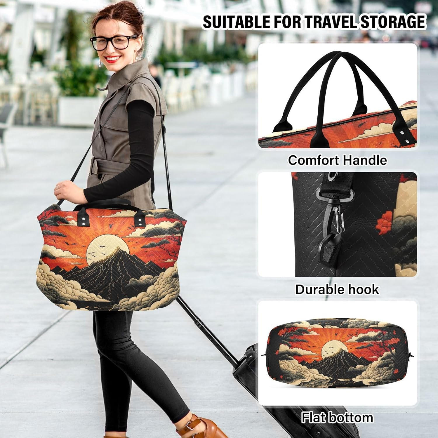Duffel Bag Set with Toiletry Bag for Travel Gym Sport, Luggage Sleeve Weekender Bags Carry on Overnight Bag-Traditional Japanese Painting Print, Multicolored, 20.5 X 7.9 X 13.8 Inches+9.1 X 3.5 image number 6
