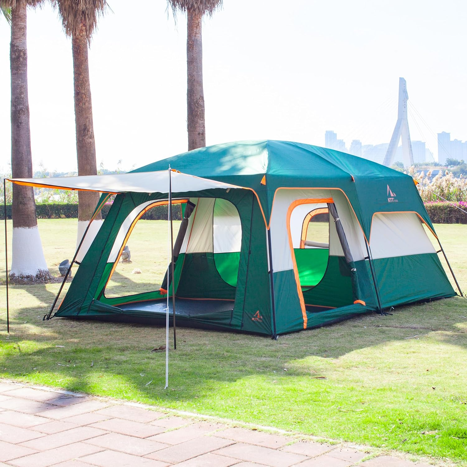 KTT Extra Large Tent 12 Person(Style-A),Family Cabin Tents,2 Rooms,Straight Wall,3 Doors and 3 Window with Mesh,Waterproof,Double Layer,Big Tent for Outdoor,Picnic,Camping,Family Gathering.