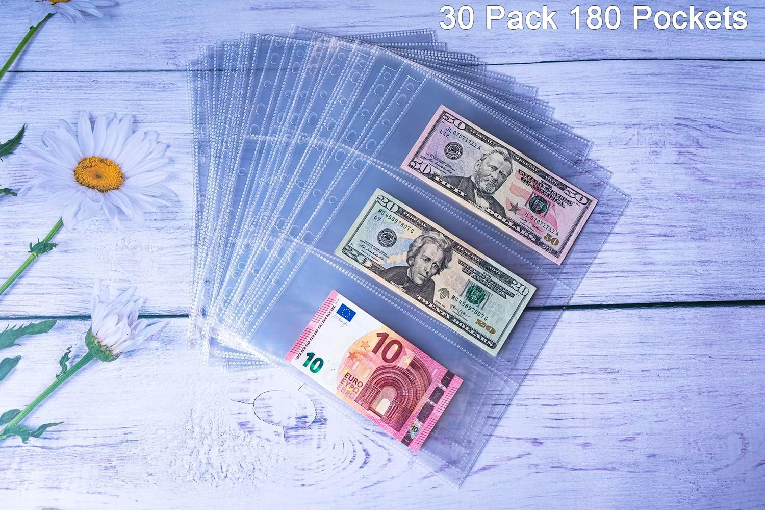 30Pcs Paper Money Collection Supplies Pages，3 Pockets 11 Hole Currency Collection Sleeves,Bill Banknotes Protector Pages for Collectors, Foreign Currency Stamp Paper Souvenirs Storage image number 6