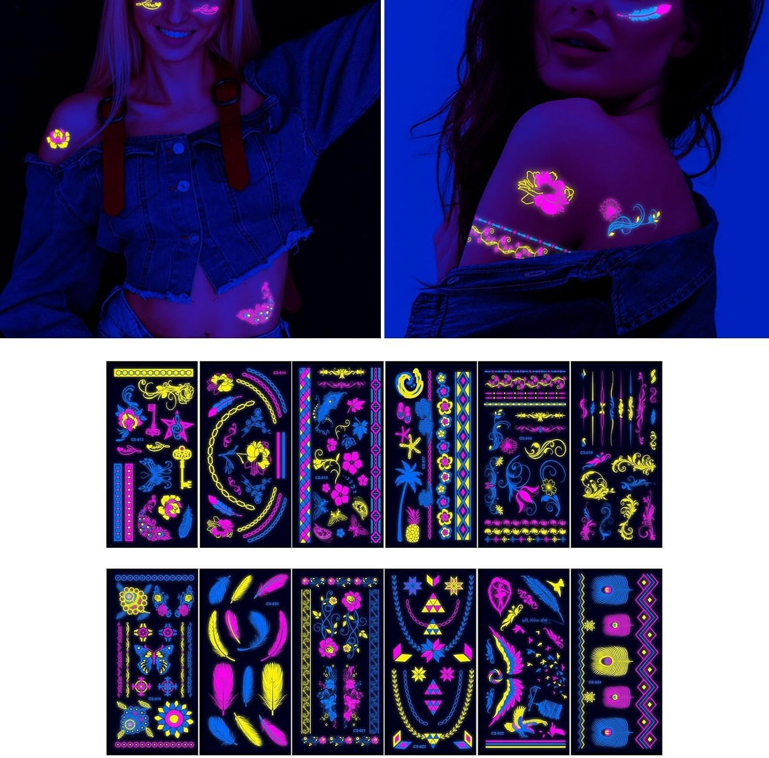 12 Pieces Glow in the Dark Tattoos, Reactive Luminous Gifts, Temporary Tattoos for Raves, Style A