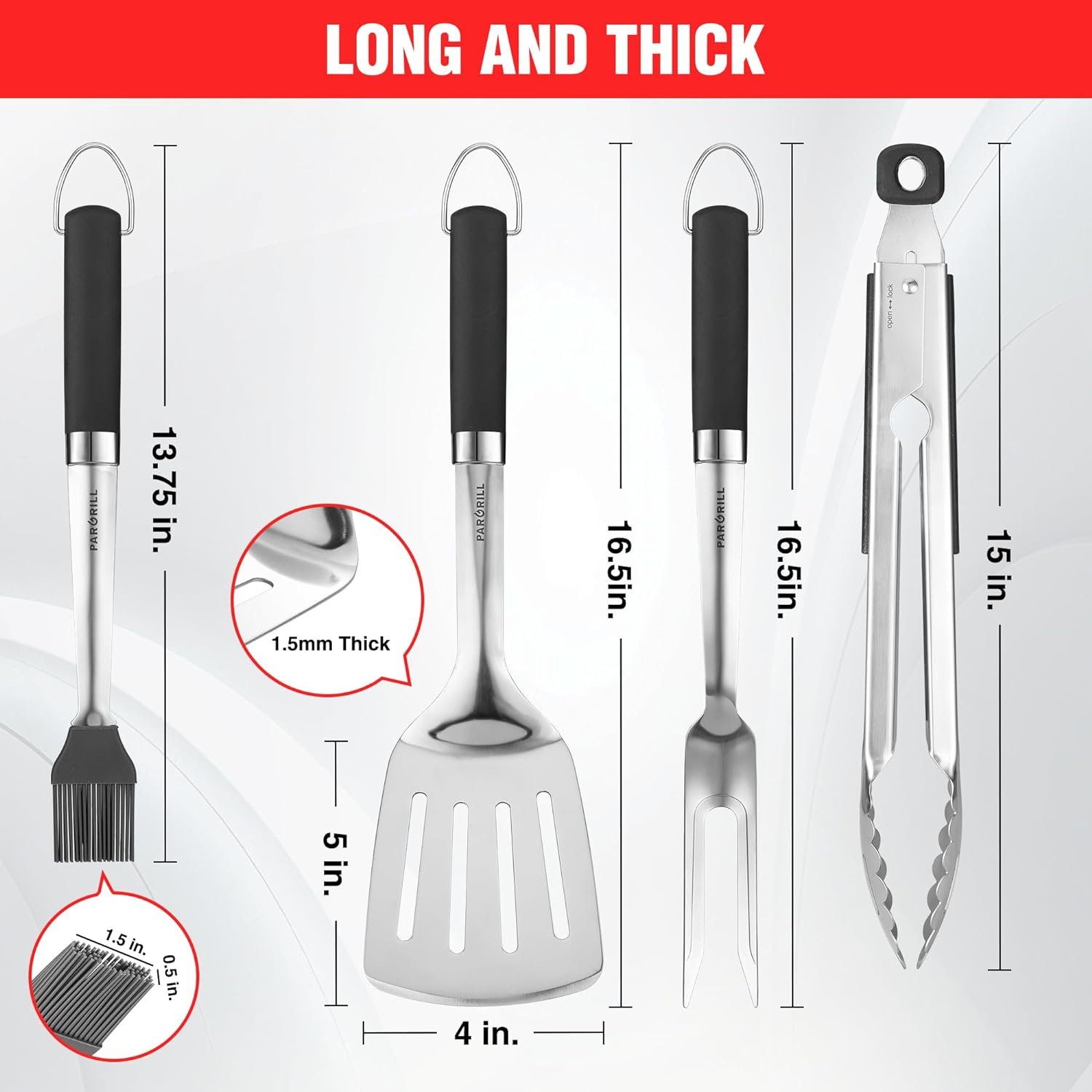 PARGRILL Grill Accessories Heavy Duty BBQ Set Gifts for Men/Women - Premium Stainless Steel Spatula, Fork, Brush & Tongs, Barbecue Utensils Tool Kit Gift for Grilling Lover Outdoor image number 3