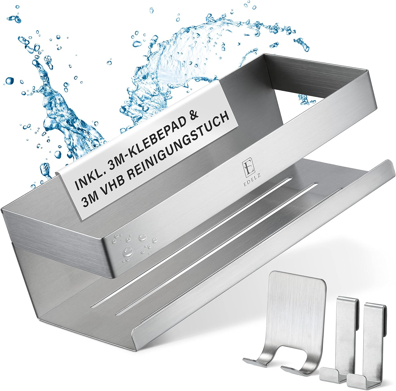 EDELZ&reg; Bathroom Shower Caddy Shower Basket No Drilling - Shampoo Holder for Shower for Gluing Made of Stainless Steel with Original 3M Adhesive Pads, 2 Movable Hooks, Extra Razor Holder (Stainless Steel Black)