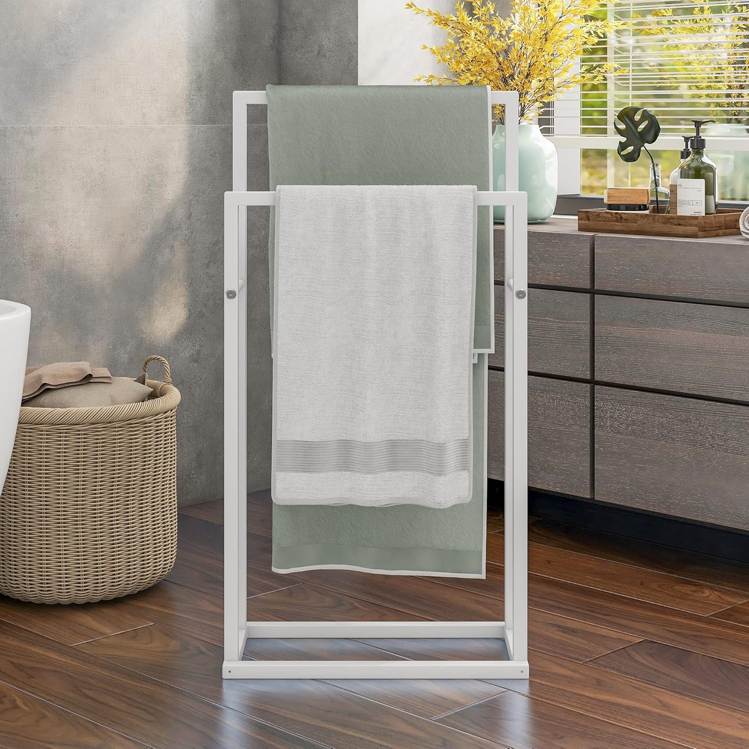 FOUBAM Towel Racks for Bathroom, 2 Tiers Free Standing Floor Bath Towel Racks for Pool, Outdoor Towel Rack Holder Heavy Duty Metal Storage Blanket Ladder (White) image number 2