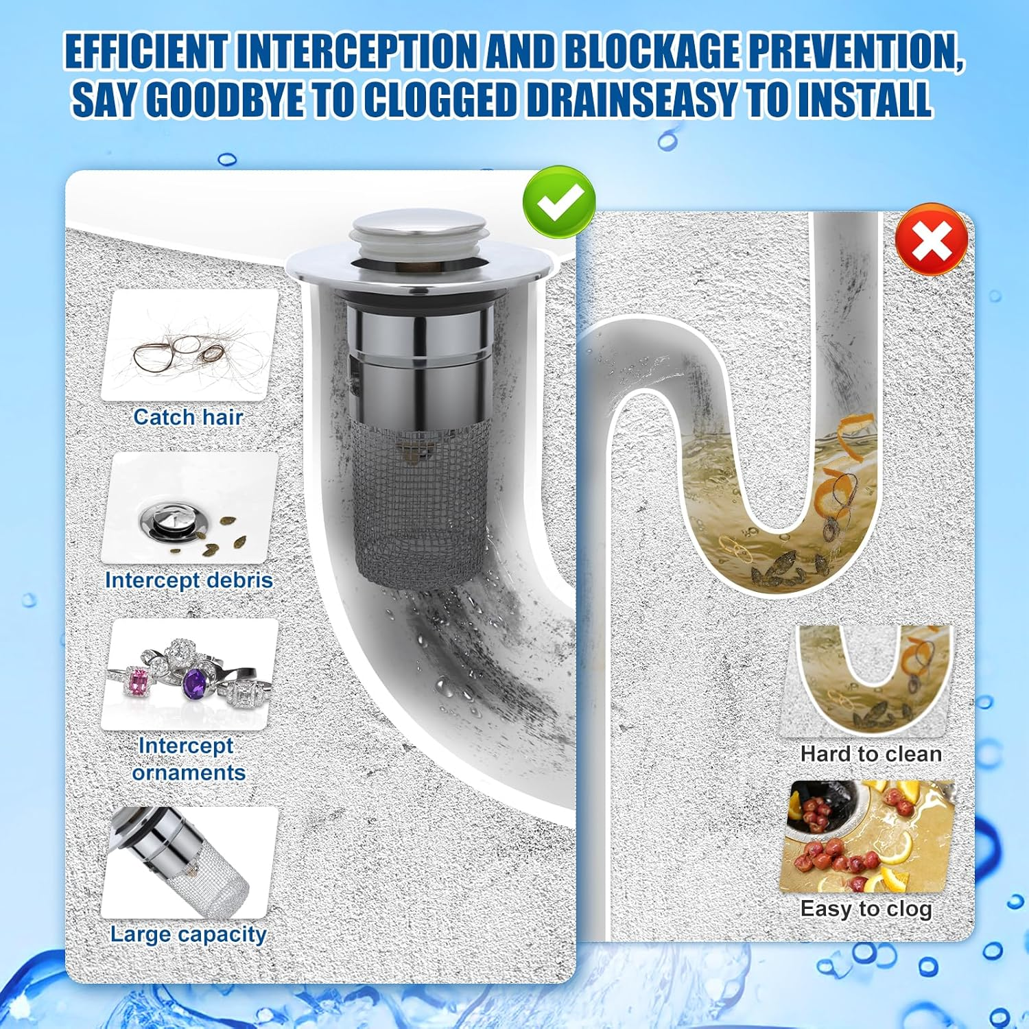 Stainless Steel Floor Drain Filter, Pop-Up Sink Drain Filter Multifunctional Bathtub Sink Drainer Bathroom Sink Stopper with Detachable Filter Basket for Bathroom Kitchen image number 1