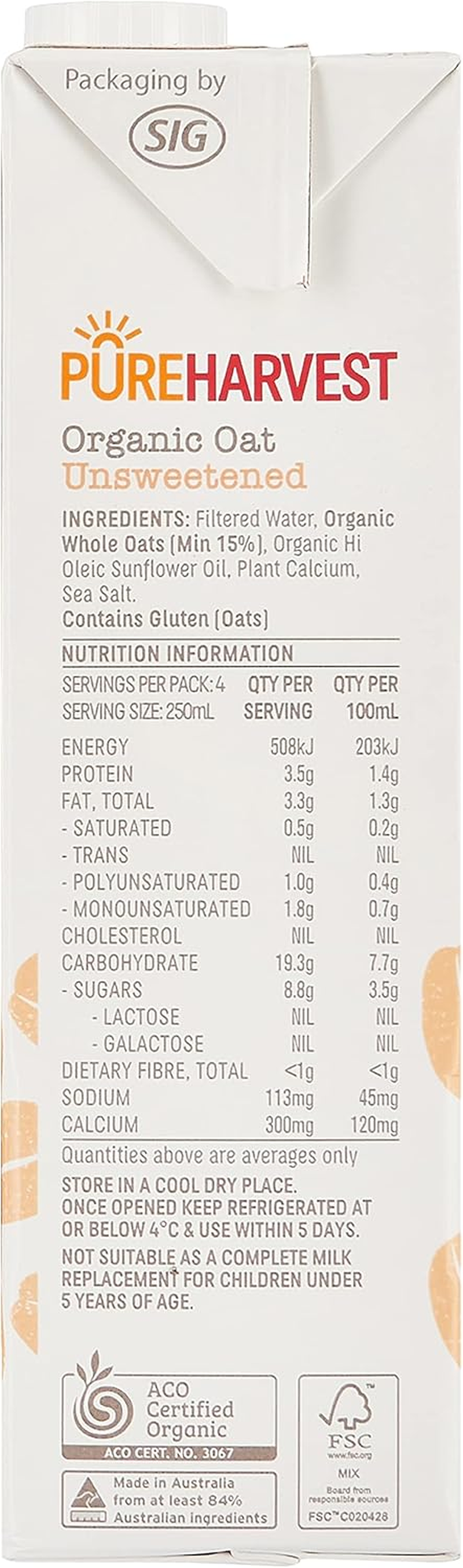 Pure Harvest Organic Oat Unsweetened Milk 1 Litre (Pack of 3) image number 3