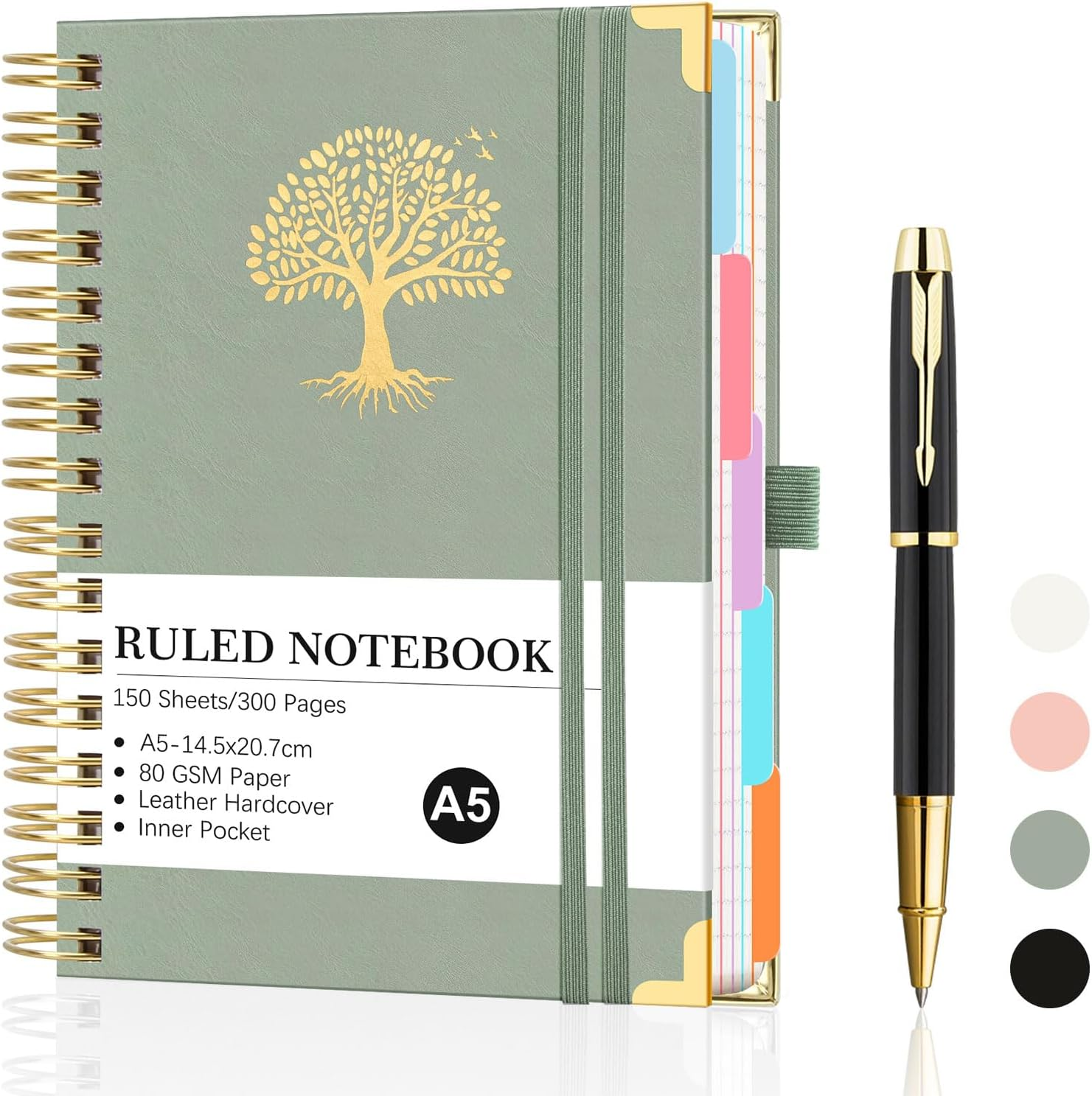 Spardar Hardcover Notebook, 300 Pages, with 5 Removable PVC Dividers and Metal Pen, Spiral Bound, Perfect for Work, Home, and School Notes (White)