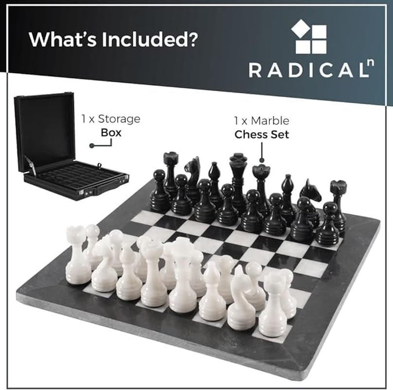 MARBLISS Radicaln 40X40 Cm Handmade Marble Black & White Weighted Full Chess Game Set with Storage Box Chess Sets for Adults