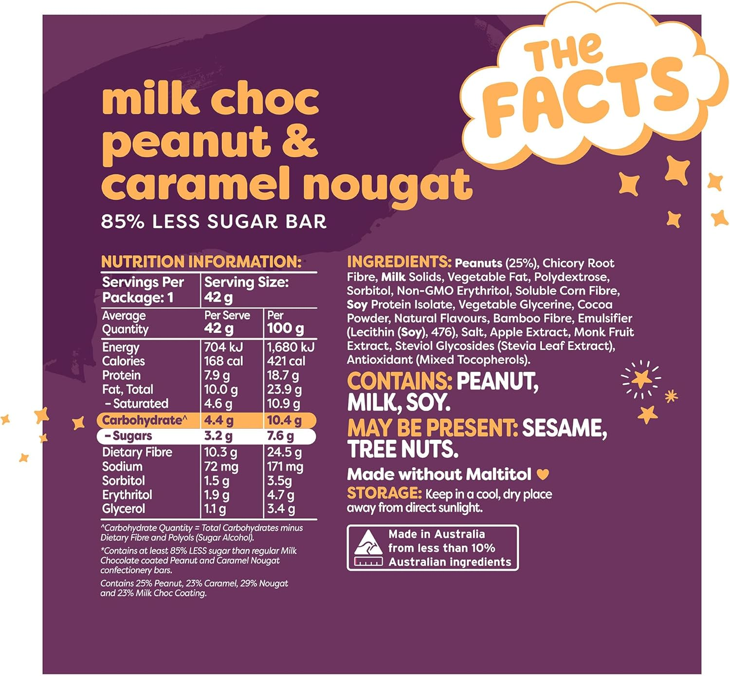 Noshu 85% Less Sugar Milk Chocolate Peanut & Caramel Nougat Bar (12 X 42G Bars) image number 2