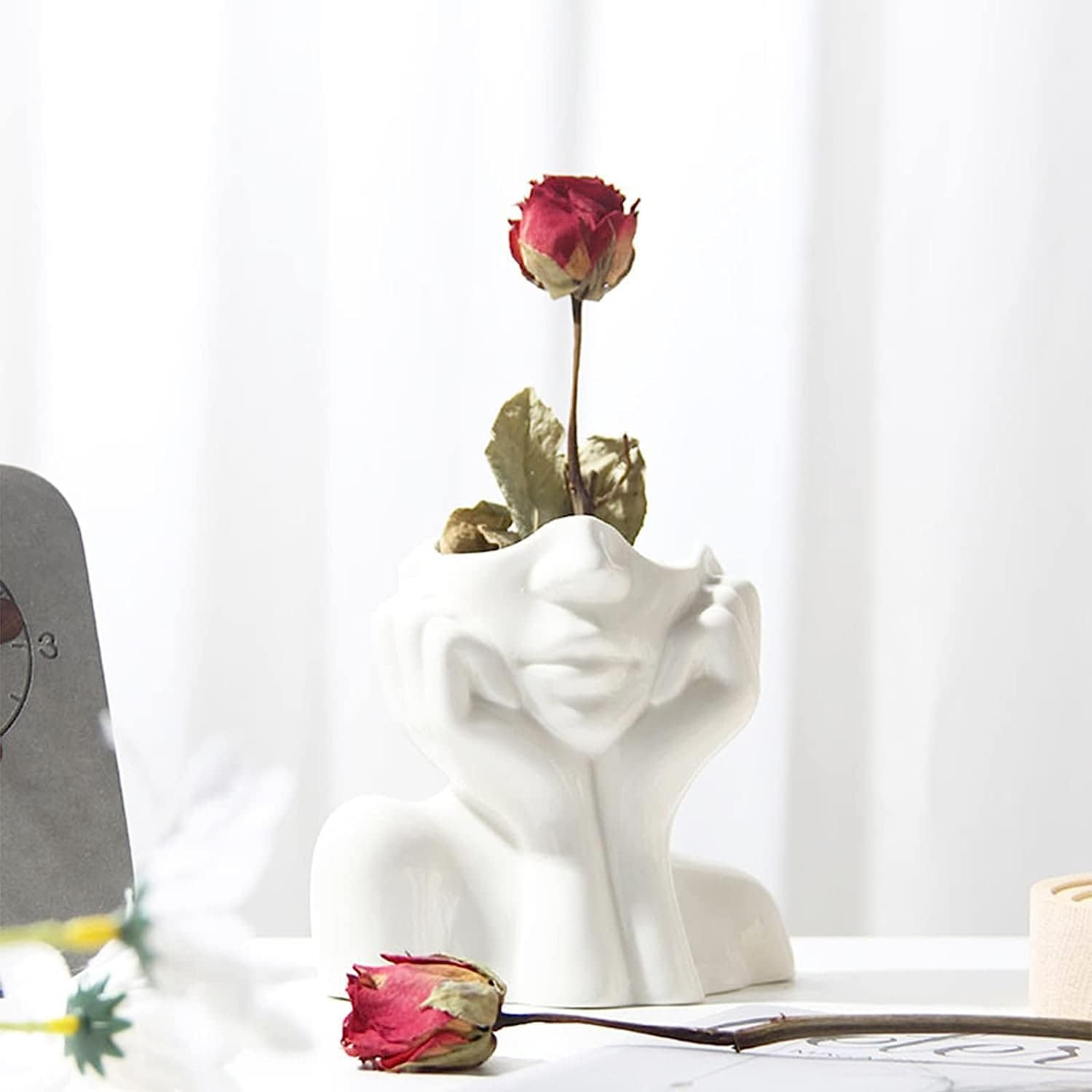White Ceramic Face Vase - Flower Vase Desk Decor Female Form Head Bust Vase for Modern Home Living Room Table Bookshelf Decor