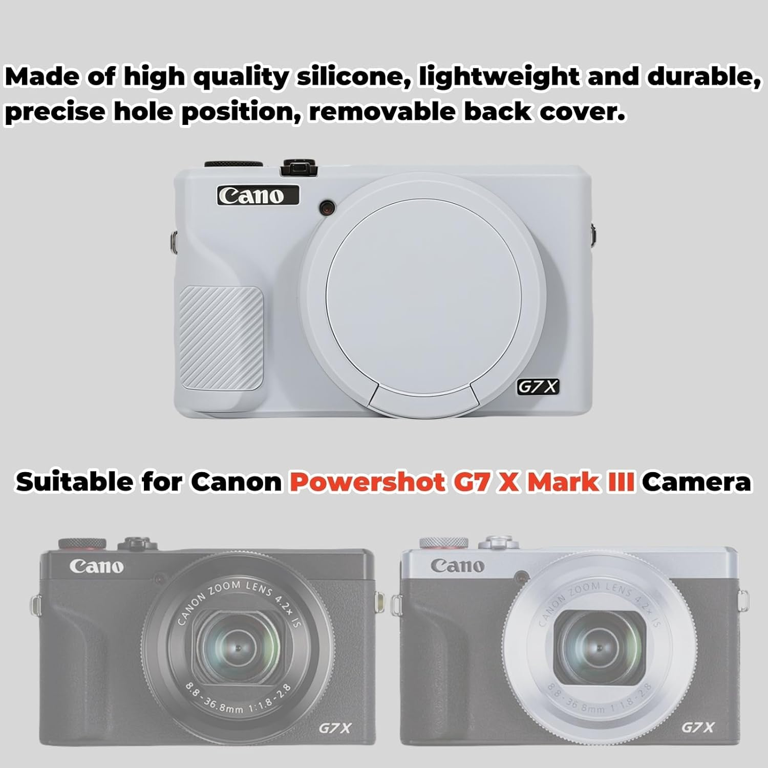 Camera Case for Canon Powershot G7 X Mark III, Soft Silicone DSLR Cover with Removable Lens Cap, Shockproof Dustproof Travel Protective Skin (Grey)