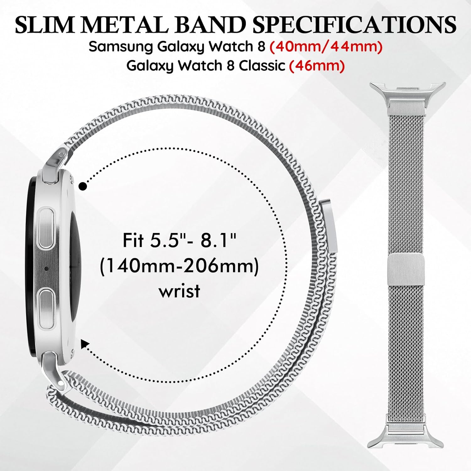 HAYONLIY Slim Metal Band Compatible with Samsung Galaxy Watch 8 40Mm 44Mm/Galaxy Watch 8 Classic 46Mm,Mesh Magnetic Stainless Steel Strap Milanese Loop Wristband Women Men