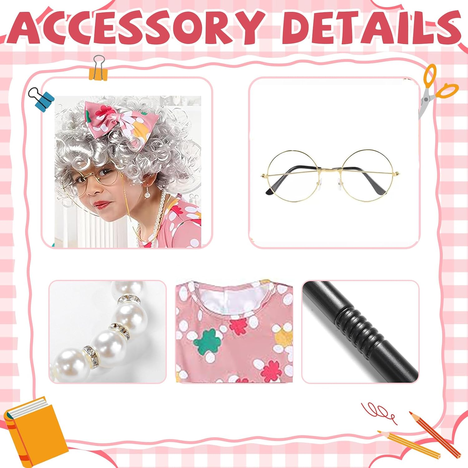 Girls Book Week Costumes,Old Lady Costume for Kids Girls,Halloween Old Lady Costume Book Week Halloween Costumes Dress up Outfit Accessories for Kids Girls image number 5