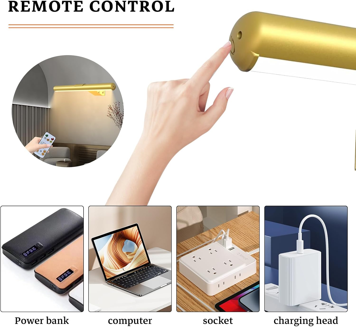 16-Inch Picture Lights,Rechargeable Wall Light with Remote, Wireless Dimmable Art Display Lamp with Timer Painting Frame Light for Wall Pictures, Frames, Gallery, Dartboard (Gold) image number 1