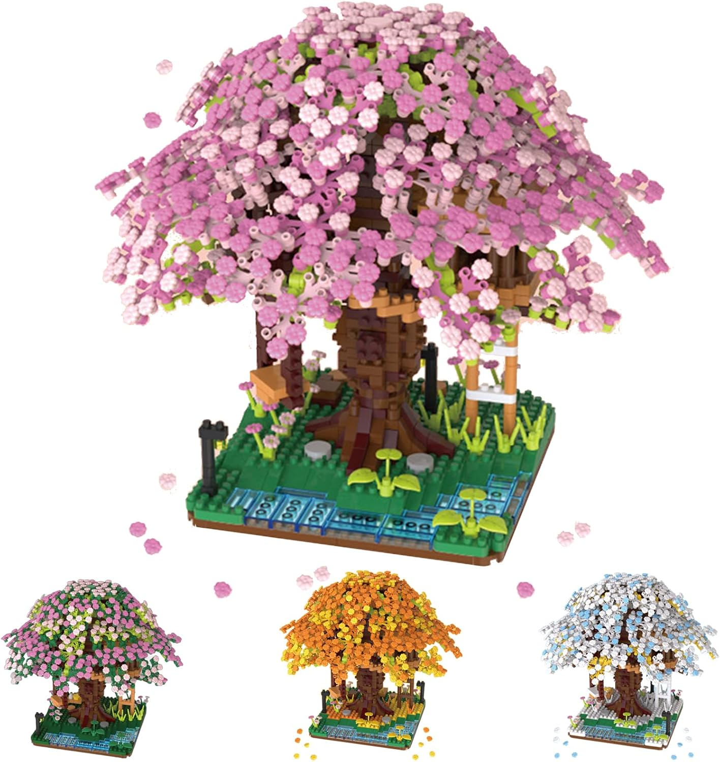 Famiredo Cherry Blossom Tree House Adult Artificial Flower Mini Block Set, Spring/Summer/Fall/Winter Beauty Plant Series, Bouquet Tree House Block Set, Suitable for Gift/Home Decoration (Winter)