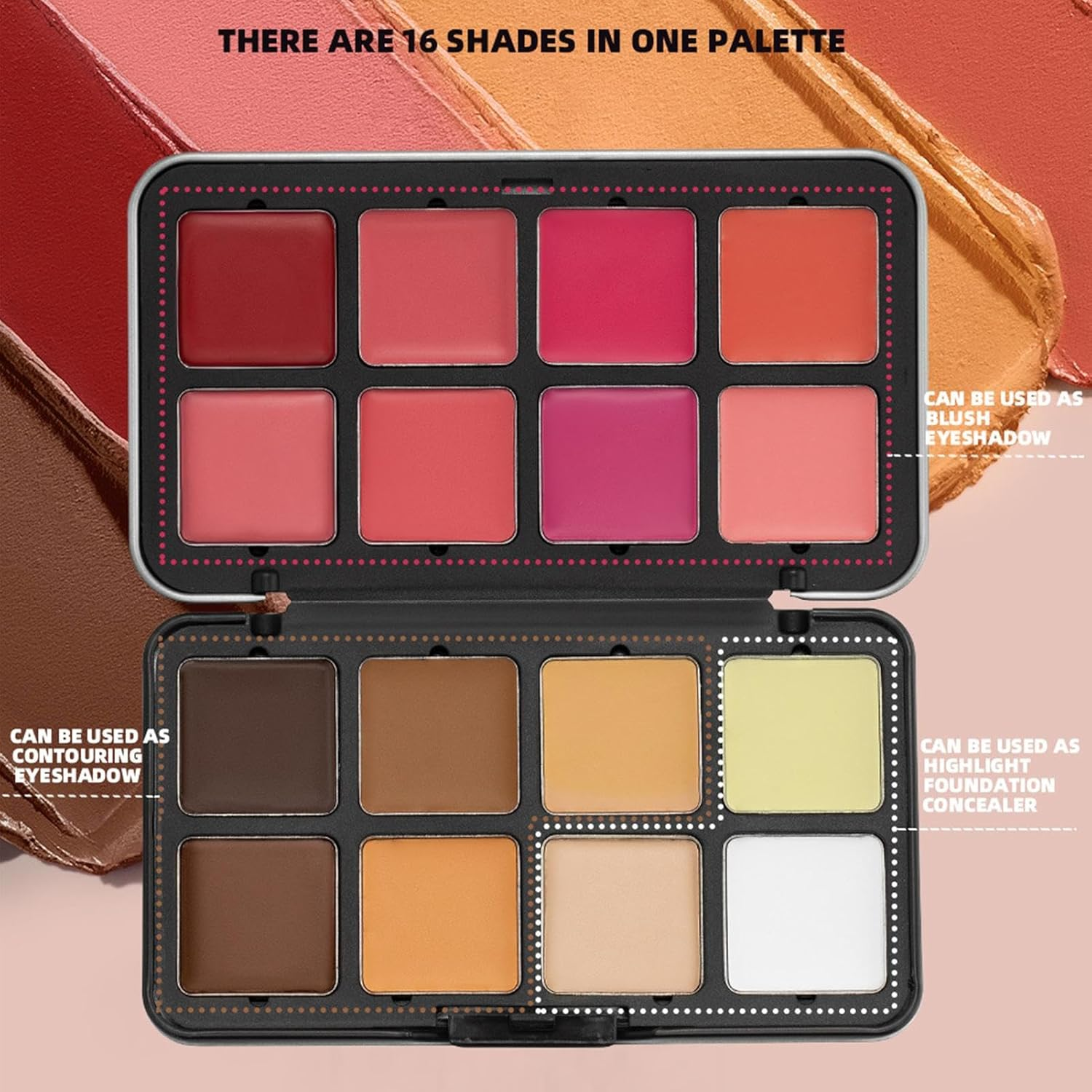 Cream Blush Palette, 16-Color Eyeshadow Makeup Palette Face Blush, Long-Lasting Highlighter Concealer Bronzer for Face Makeup Cheeks Women Girls Travel Work Birthday Party image number 2