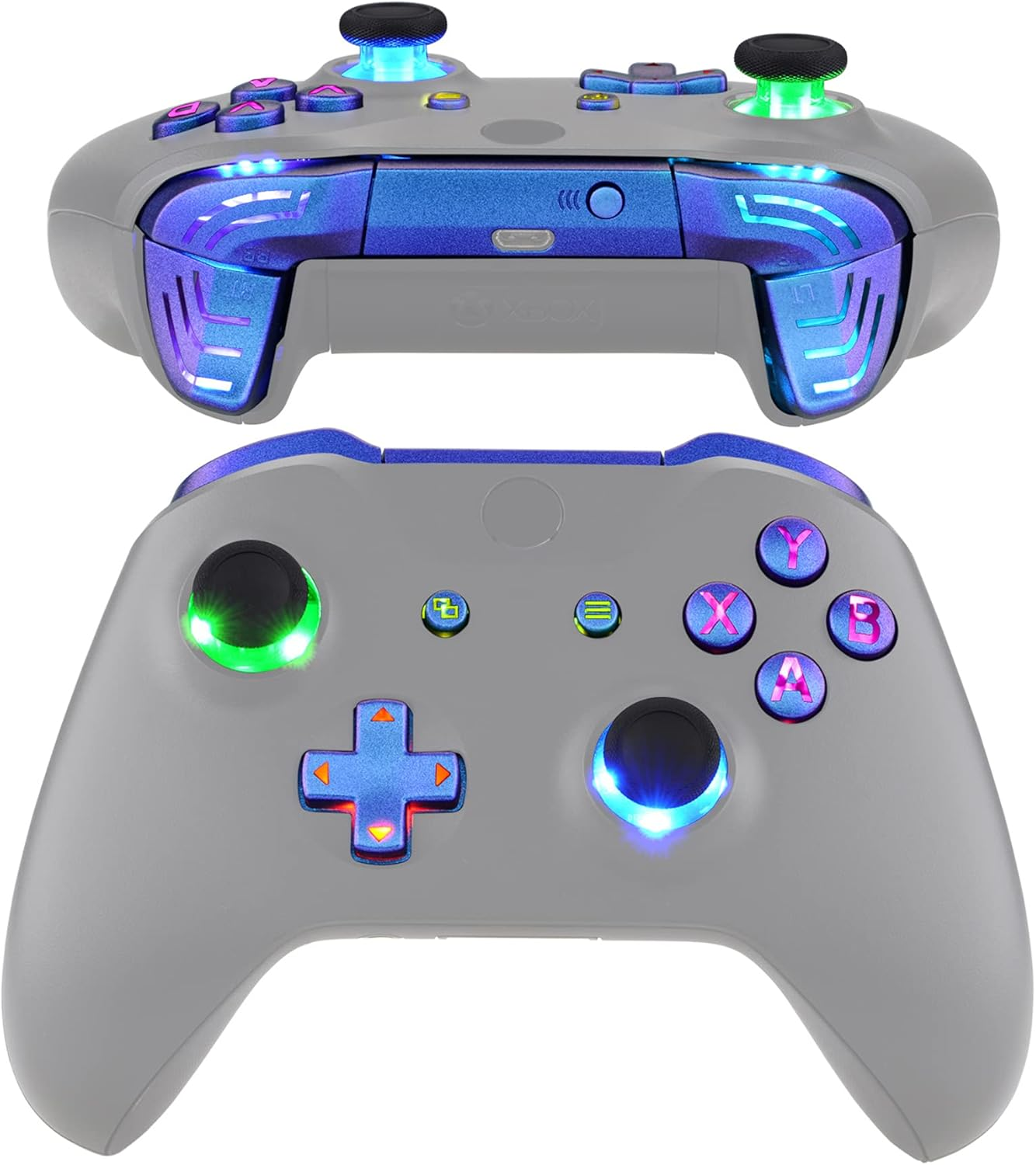 Extremerate Multi-Colors Luminated Bumpers Triggers Dpad Thumbsticks Start Back ABXY Action Buttons, Chameleon Purple Blue Classical Symbols Buttons DTFS (DTF 2.0) LED Kit for Xbox One S/X Controller