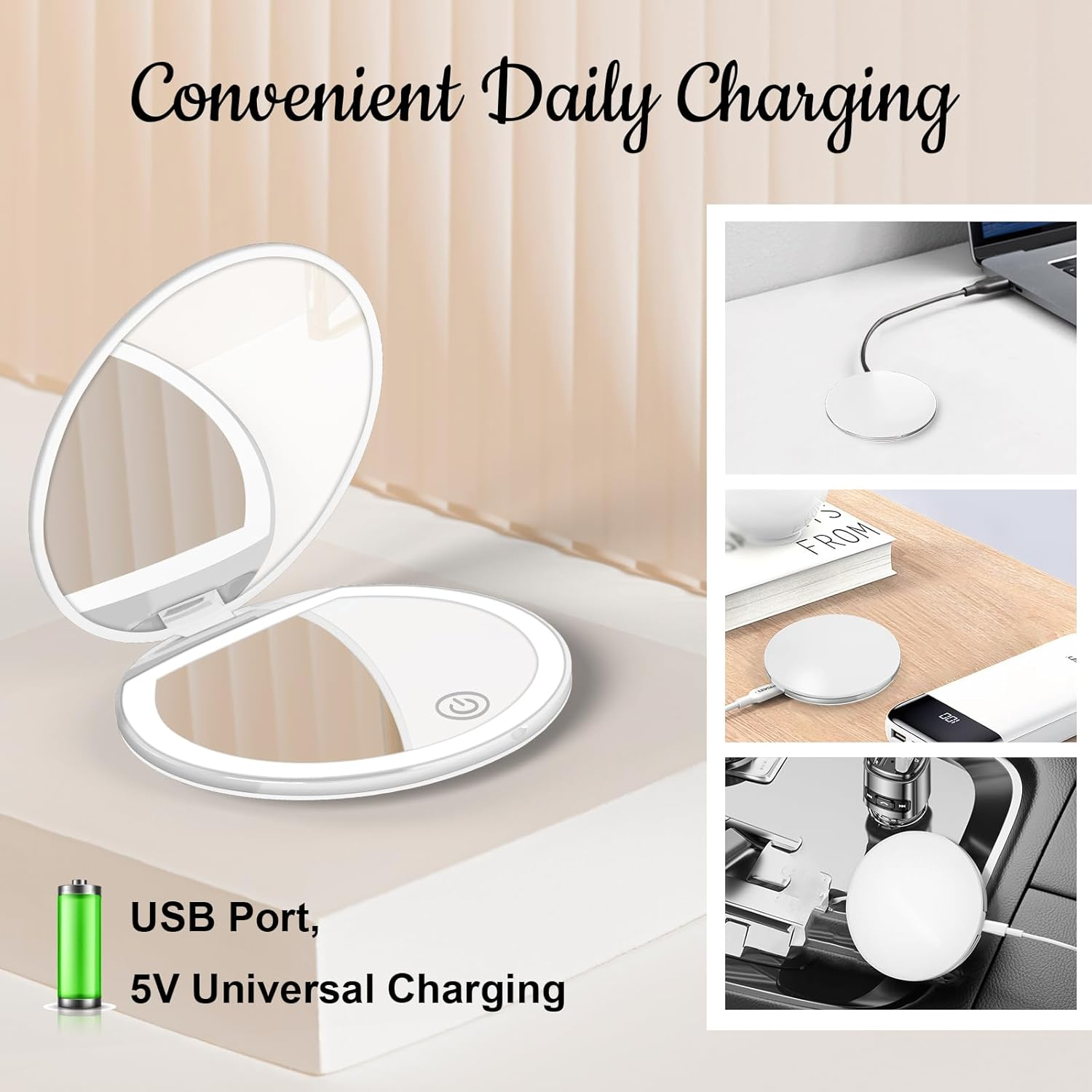 Compact Mirror with Light, 1X/3X Magnification LED Pocket Mirror with USB Data Cable, White Mini Mirror for Purse, Pocket,Travel and Present image number 4