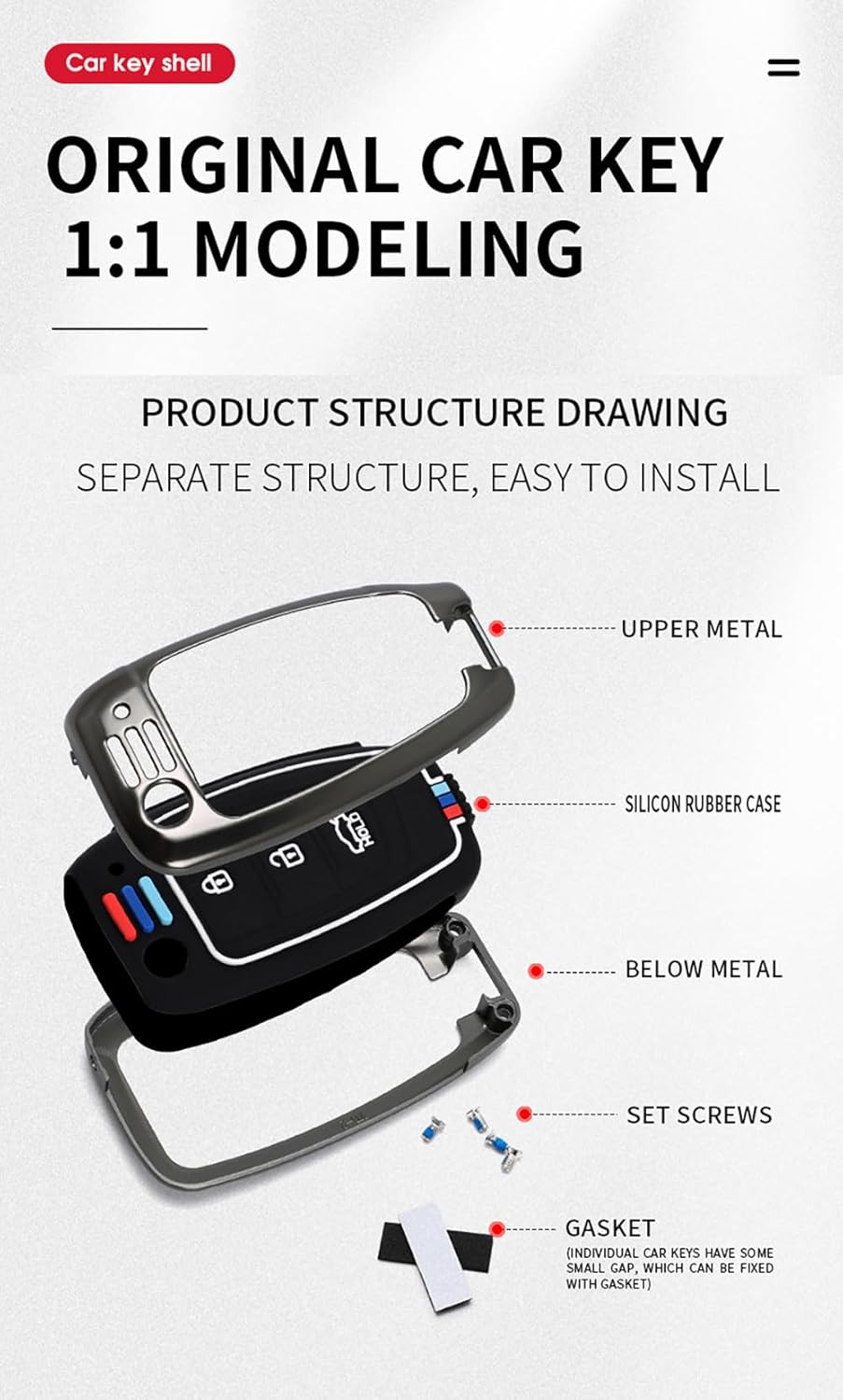 Ontto Zinc Alloy Car Key Fob Cover Fit for Hyundai Elantra Solaris Tucson I30 I35 I40 KONA Genesis Santa Fe Azera Folding Key Case Keyring Key Shell Holder Bag Keychain Accessories 3 Button Black