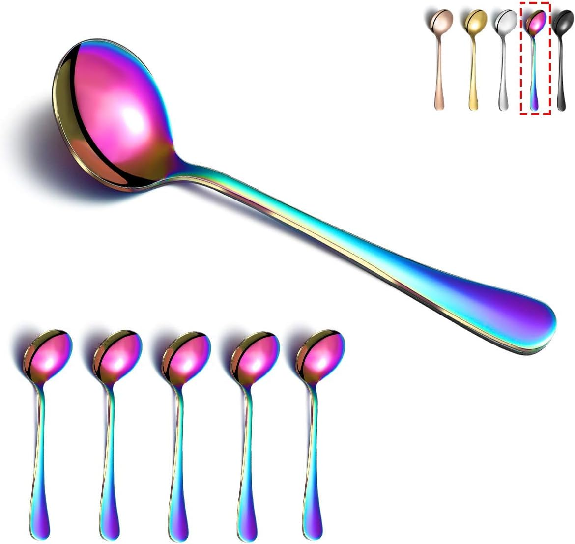 Kyraton Rainbow Soup Spoons, 6 Pieces Stainless Steel round Spoons with Rainbow Titanium Plating, Colorful Dinner Spoon Table Spoon, Spoons Silverware Dishwasher Safe Set of 6 image number 1