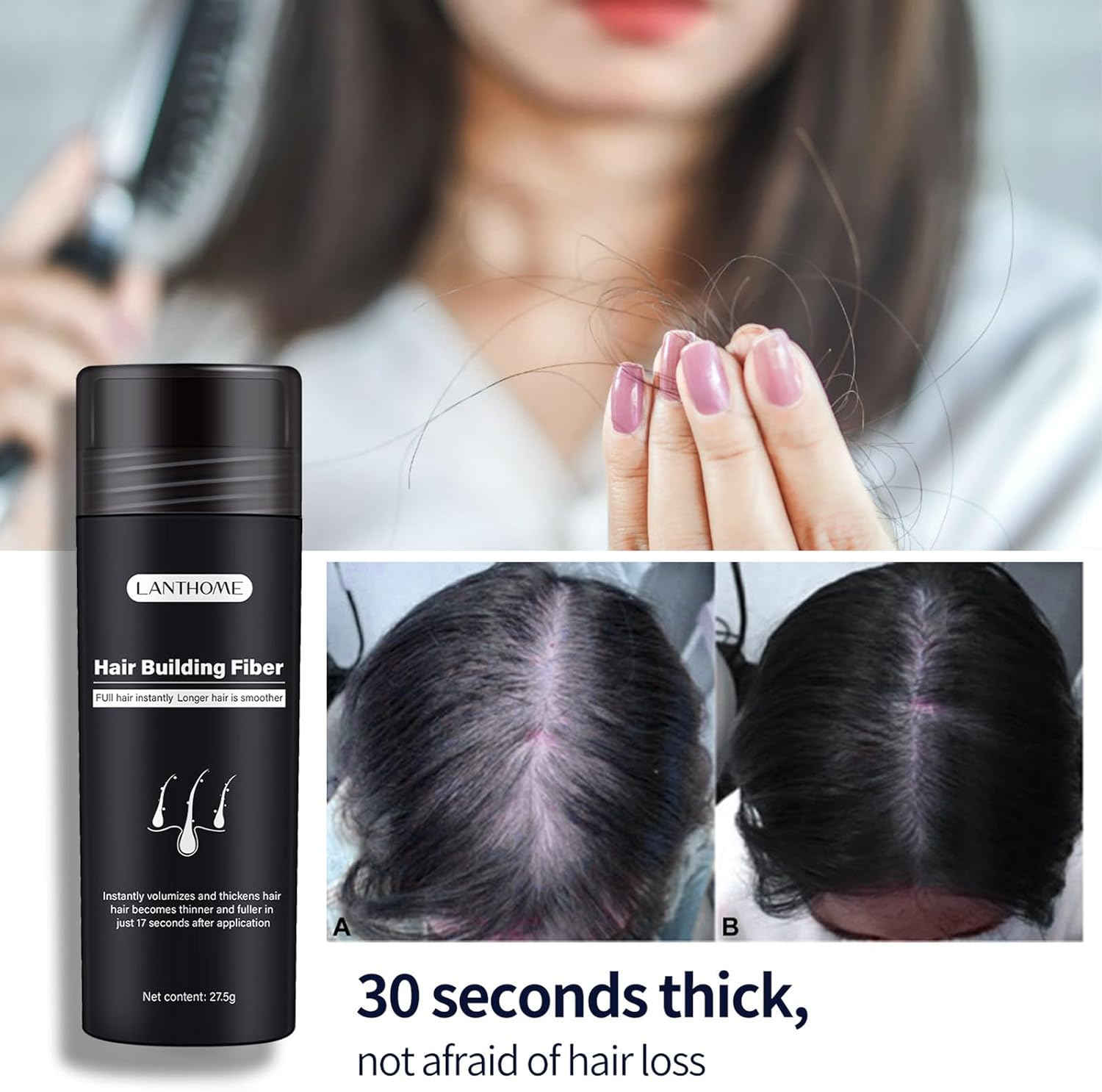 Roseflower 2Pcs Hair Fibers for Thinning Hair, Undetectable Natural Hair Thickening Fibers, Hair Building Fibers for Women and Men, Thicker Fuller Hair Conceals Hair Loss, Black 27.5G X 2 image number 1