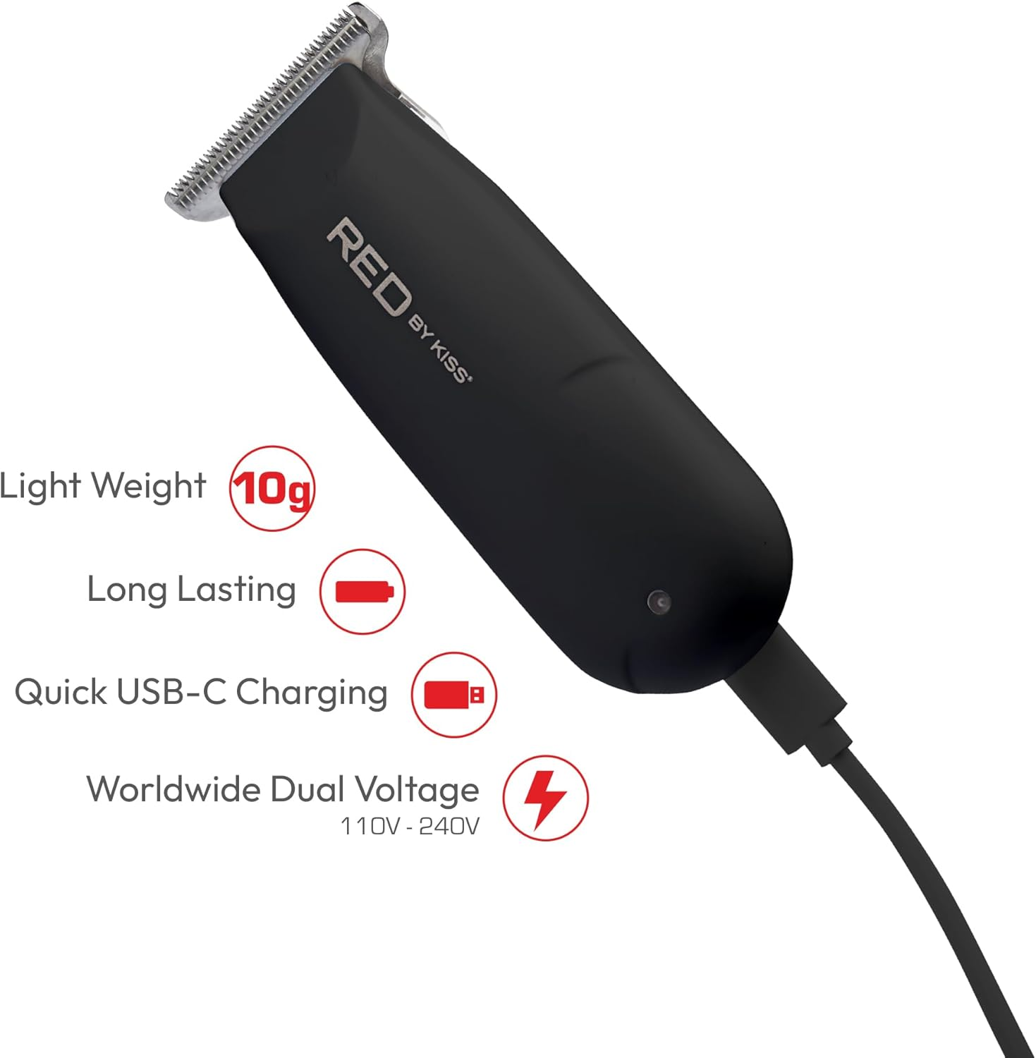 Red by Kiss Hair Clipper, Mini Cordless Hair Trimmer, Long Lasting Hair Cutting Kit, USB-C Rechargeable Haircut Beard Trimming Clippers for Men Women Kids, Portable Grooming Kit (Black) - Red image number 7