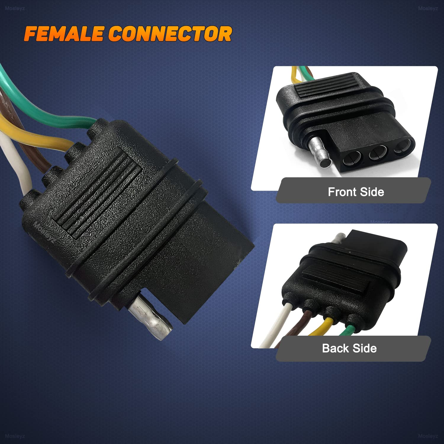 Mosleyz Trailer Wire Extension 4-Way 4 Pin Plug, 4 Wire 4-Flat Connector with Male & Female Plug 18 AWG 26 Inch Hitch Light Trailer Wiring Harness Extender image number 2