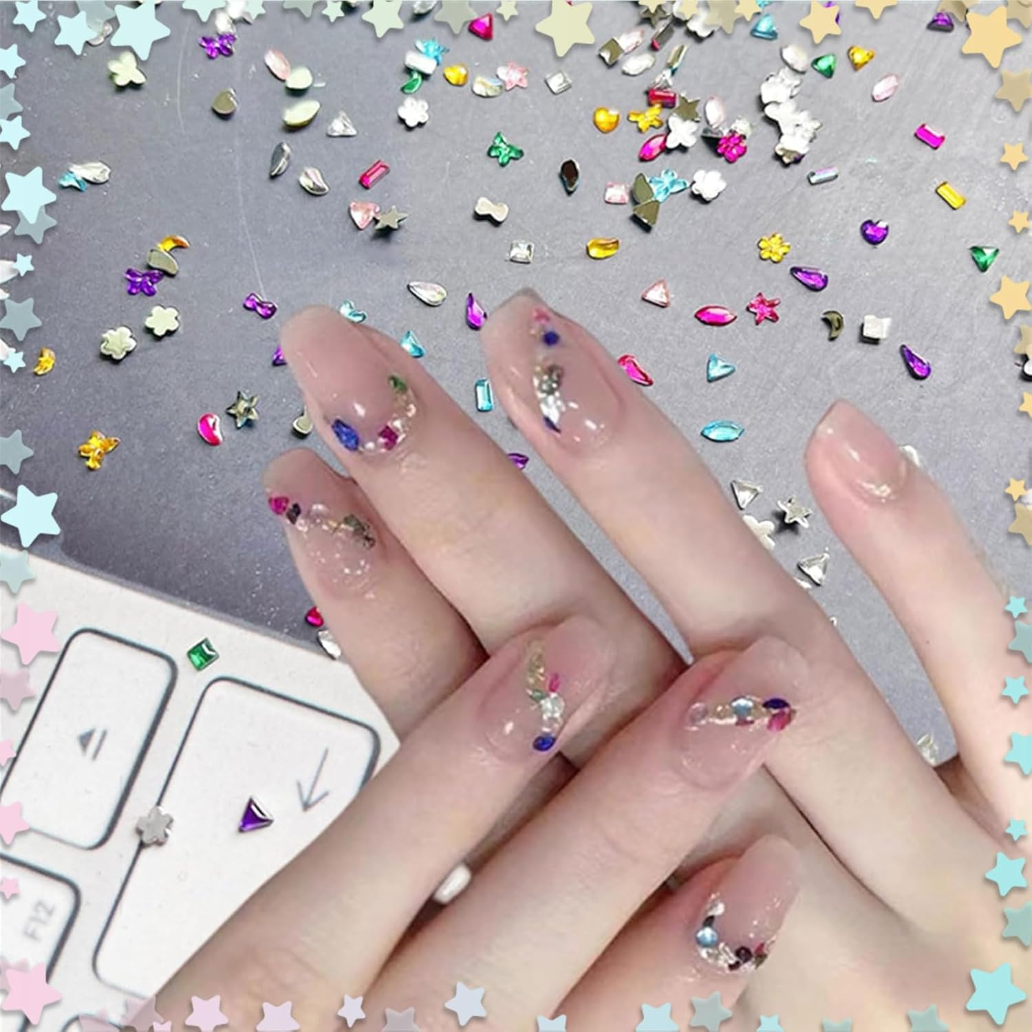 Lunarcharm 2000 Pieces Colorful Rhinestone Nail Art Pendants with Tweezers Multiple Shapes Crystals Flat Back Nail Gems 3D Mini Heart Star Nail Diamonds image number 2