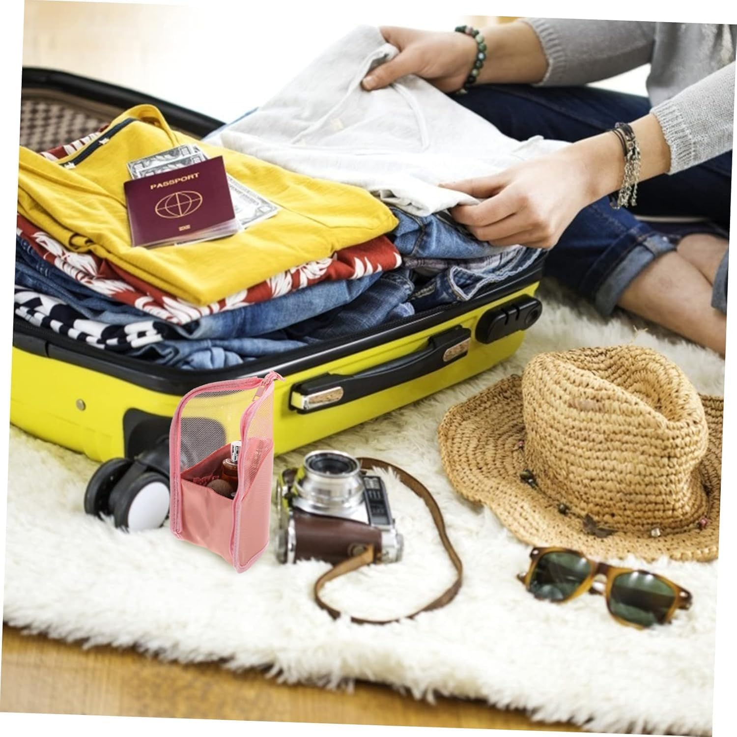 Fokmuaex Stand-Up Makeup Brush Storage Organizer Bag &ndash; Waterproof Dust-Free Travel Holder for Brushes & Cosmetics (Pink) image number 5