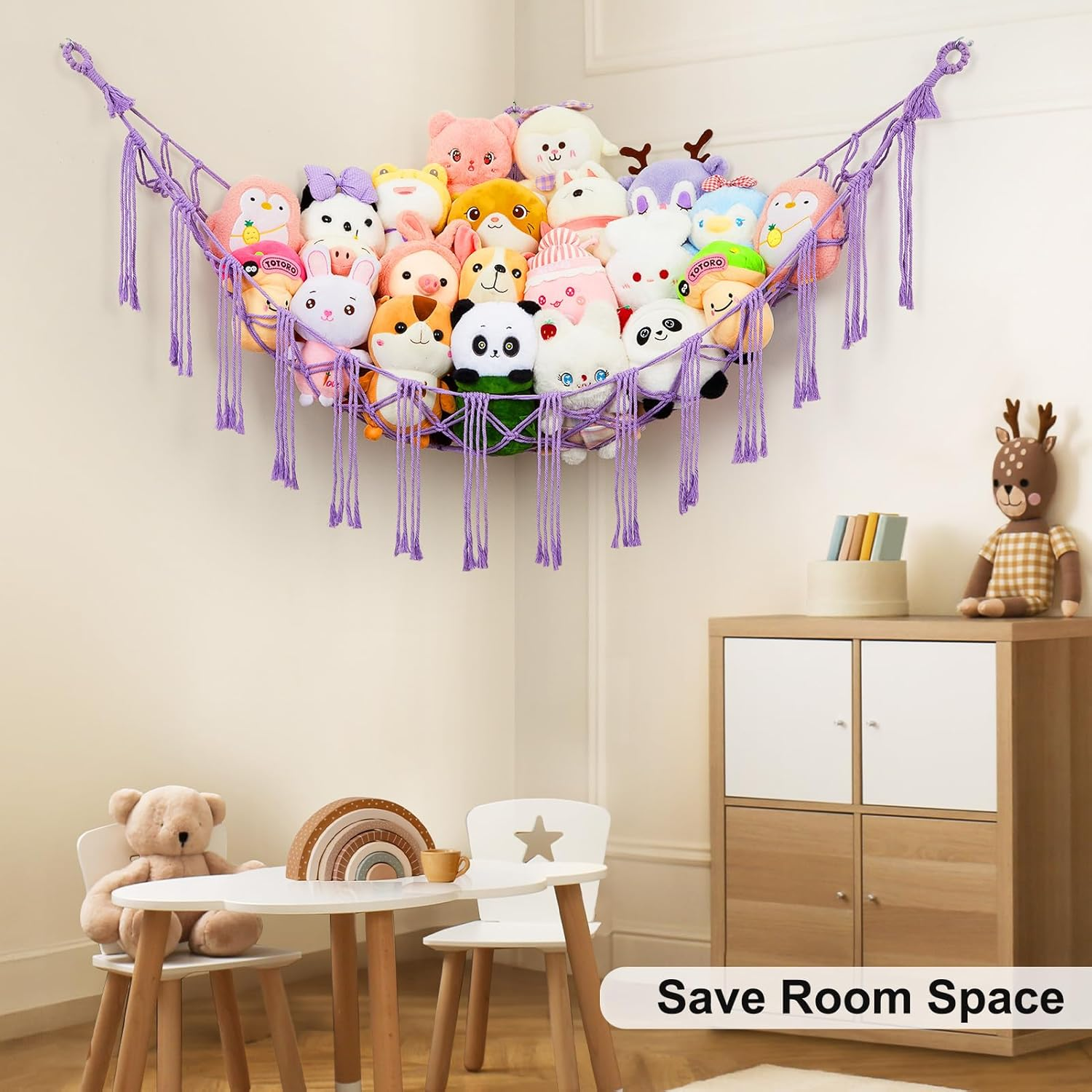 Unicorn Castle Triangular Stuffed Toy Storage Net Hammock Organizer, Purple, Cotton, Triangular, 59 X 39.37 X 59 Inches, 5 Pounds Capacity, Boho Wall Hanging Decor for Nursery, Playroom, Bedroom image number 2