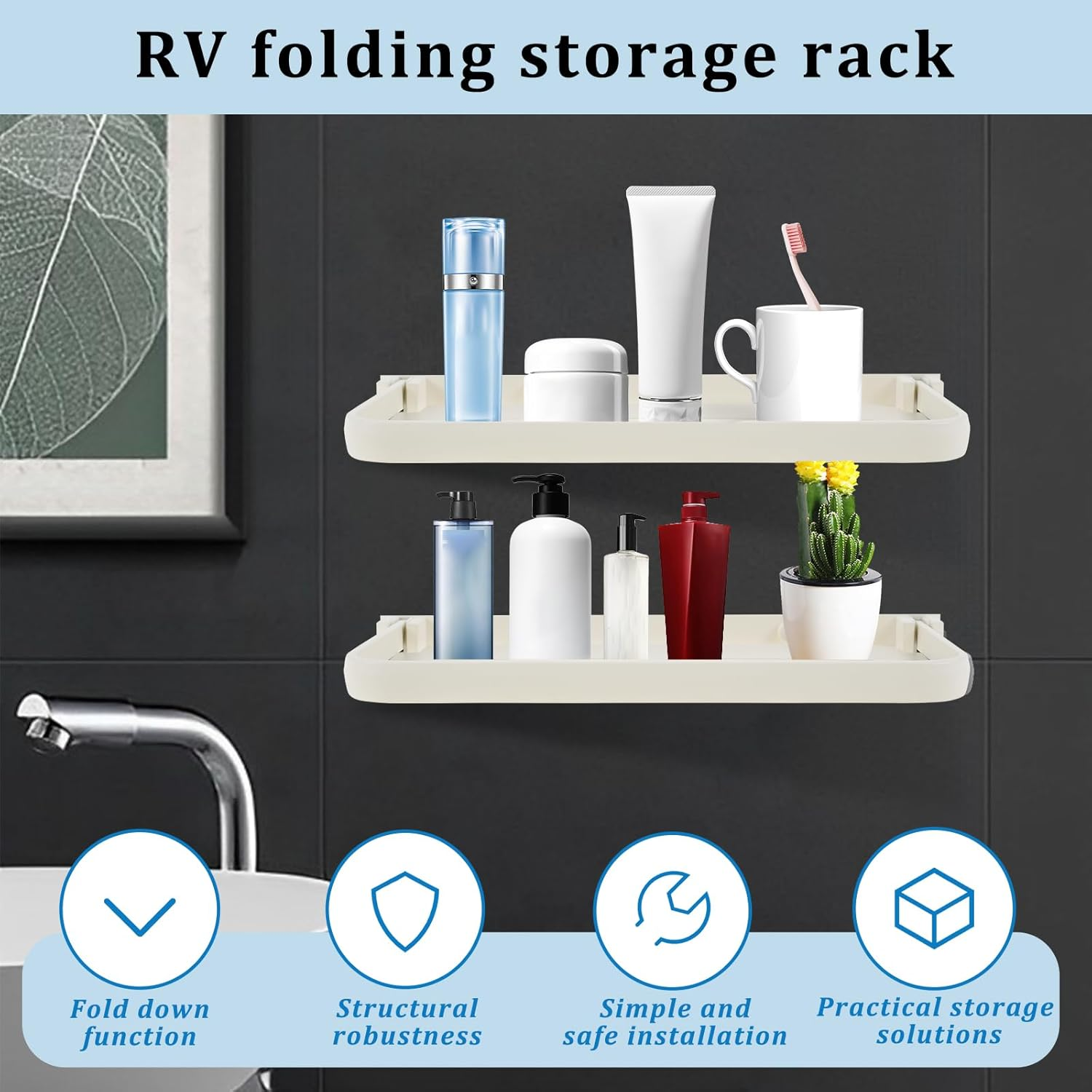 2Pcs RV Aluminum Foldable Shelf, Wall Mounted RV Floating Shelf, Space Saving Compact Fold down Shelf Shelf, Versatile RV Floating Shelf for Camper Car,Caravans Bathroom, Laundry Room,Easy Install image number 5