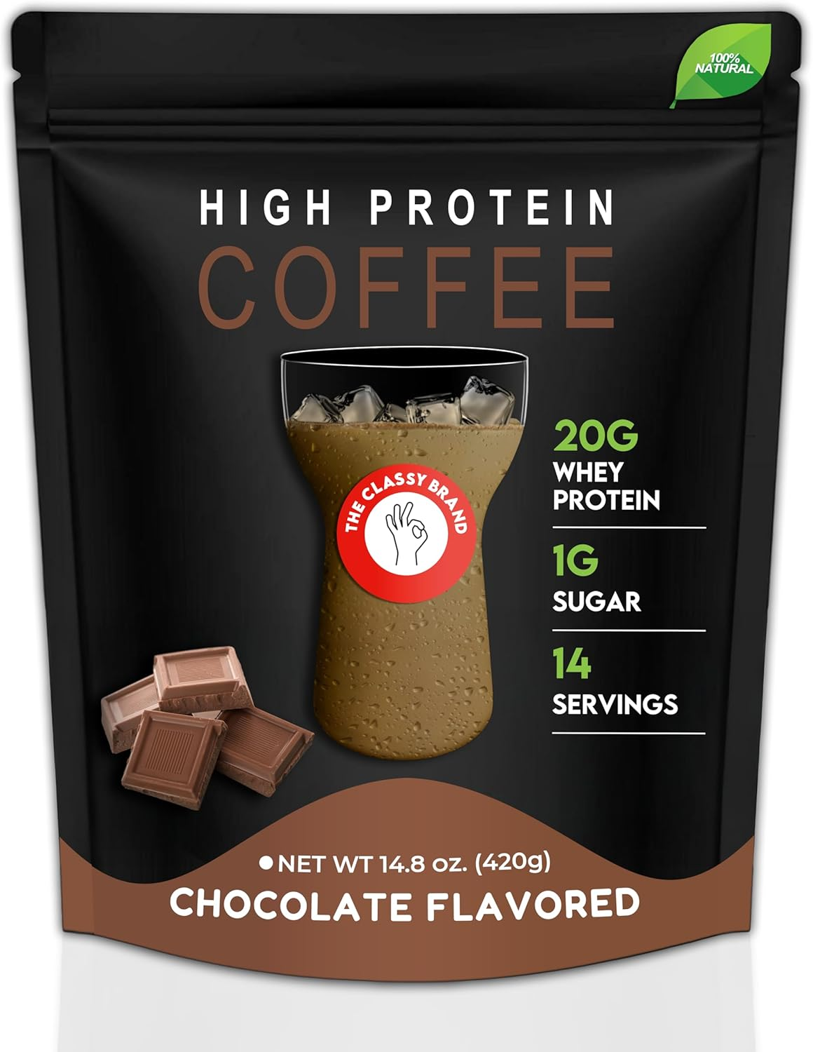 Classy Brand High Protein Coffee, 1 G Sugar, 20 G Protein, 14 Servings, 420 G, Chocolate Flavour, Hot or Cold, No Artificial Colours. image number 1