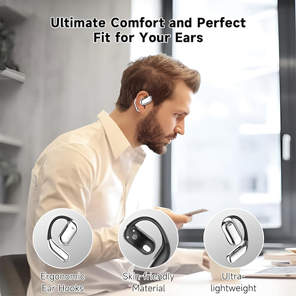 SPOTFISH Open Ear Headphones Bluetooth 5.4, Air Conduction Wireless Earbuds,Earbuds with Earhooks,14.2Mm Enhanced Bass, Earphones Clear Call, 48H Playback Time Sports and Running Office and Leisure - Black image number 3